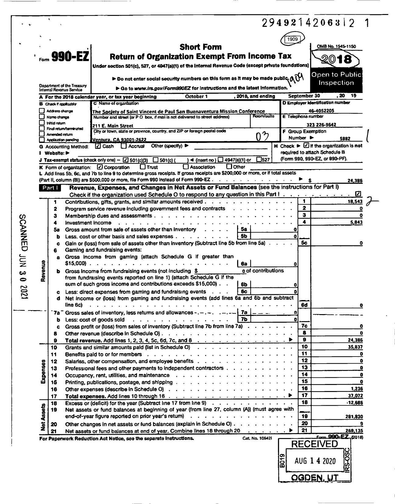 Image of first page of 2018 Form 990EZ for The Society of Saint Vincent de Paul San Buenaventura