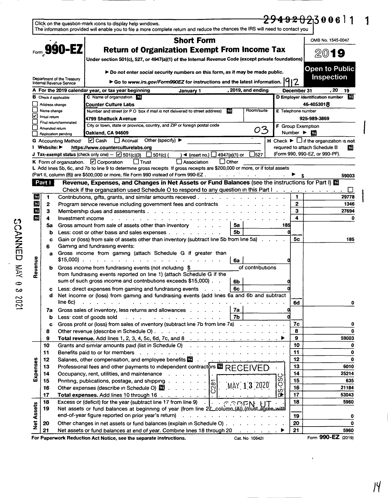 Image of first page of 2019 Form 990EZ for Counter Culture Labs