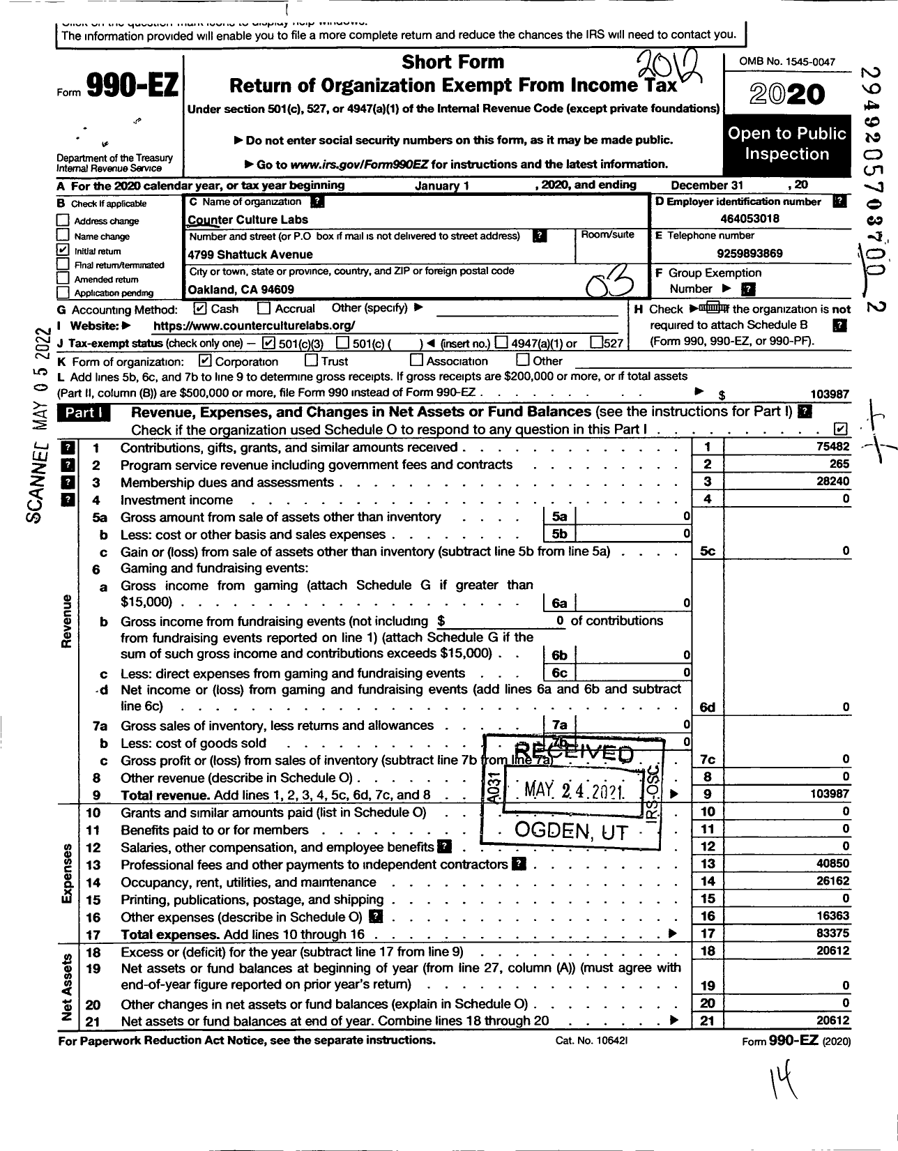 Image of first page of 2020 Form 990EZ for Counter Culture Labs