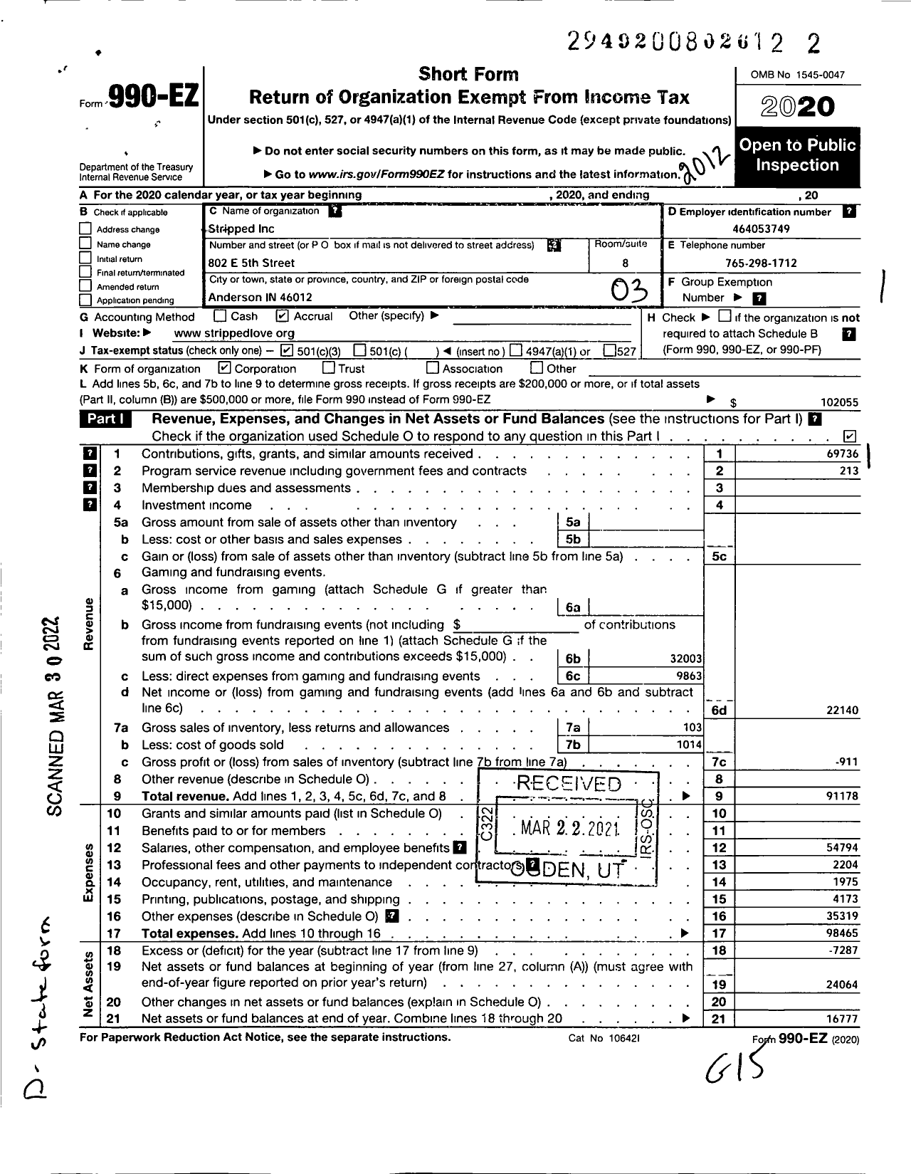 Image of first page of 2020 Form 990EZ for Stripped