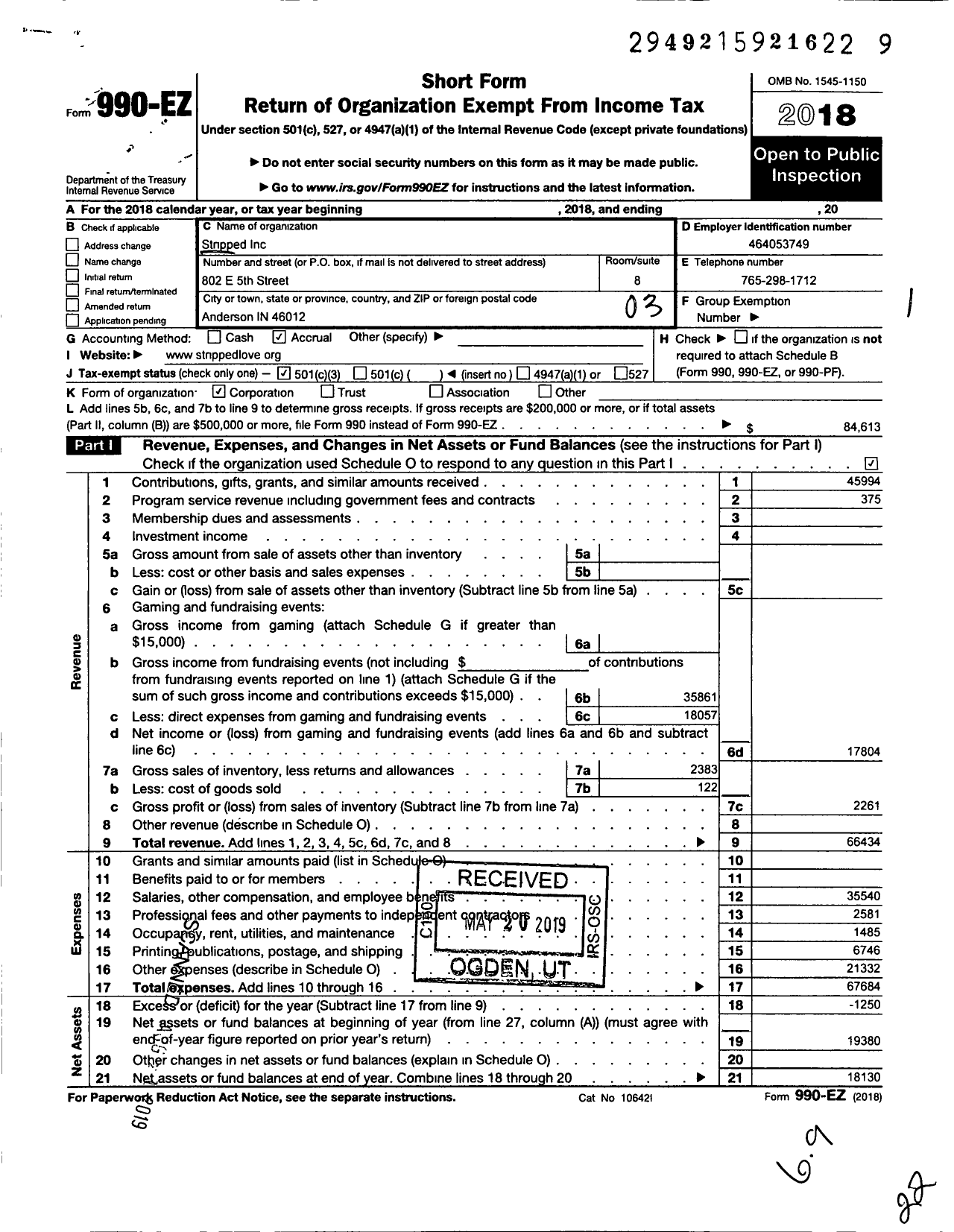 Image of first page of 2018 Form 990EZ for Stripped