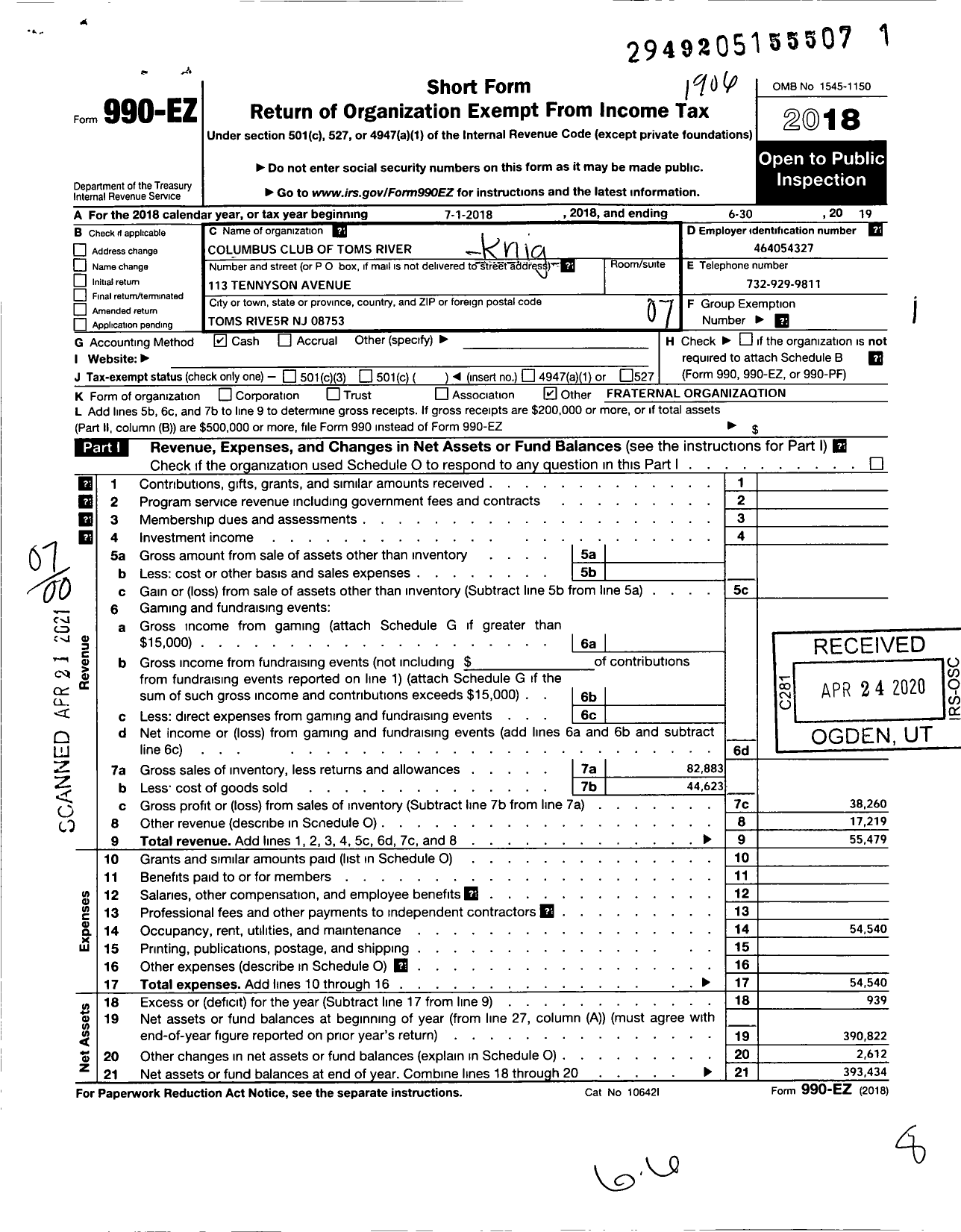 Image of first page of 2018 Form 990EO for Columbus Club of Toms River