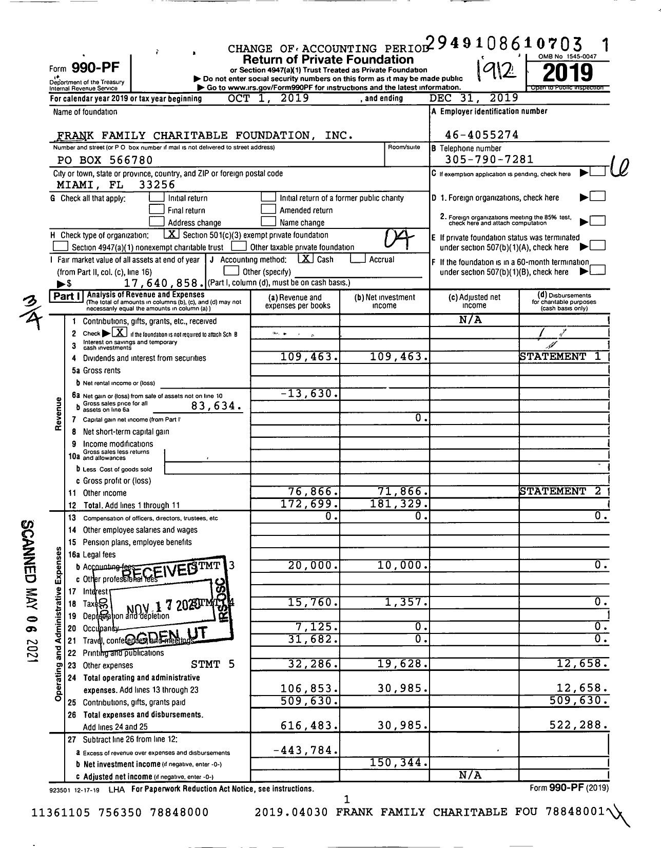 Image of first page of 2019 Form 990PF for Frank Family Charitable Foundation