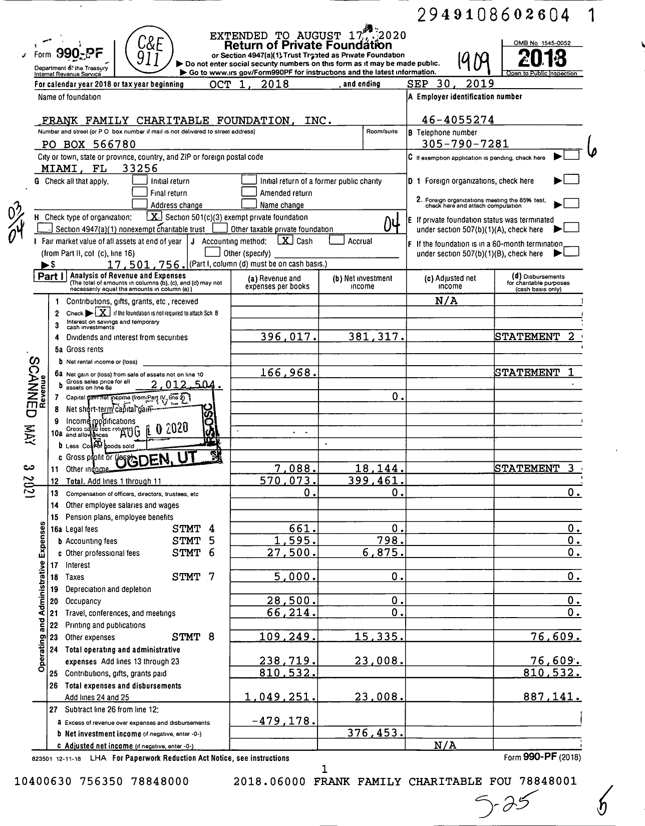 Image of first page of 2018 Form 990PF for Frank Family Charitable Foundation