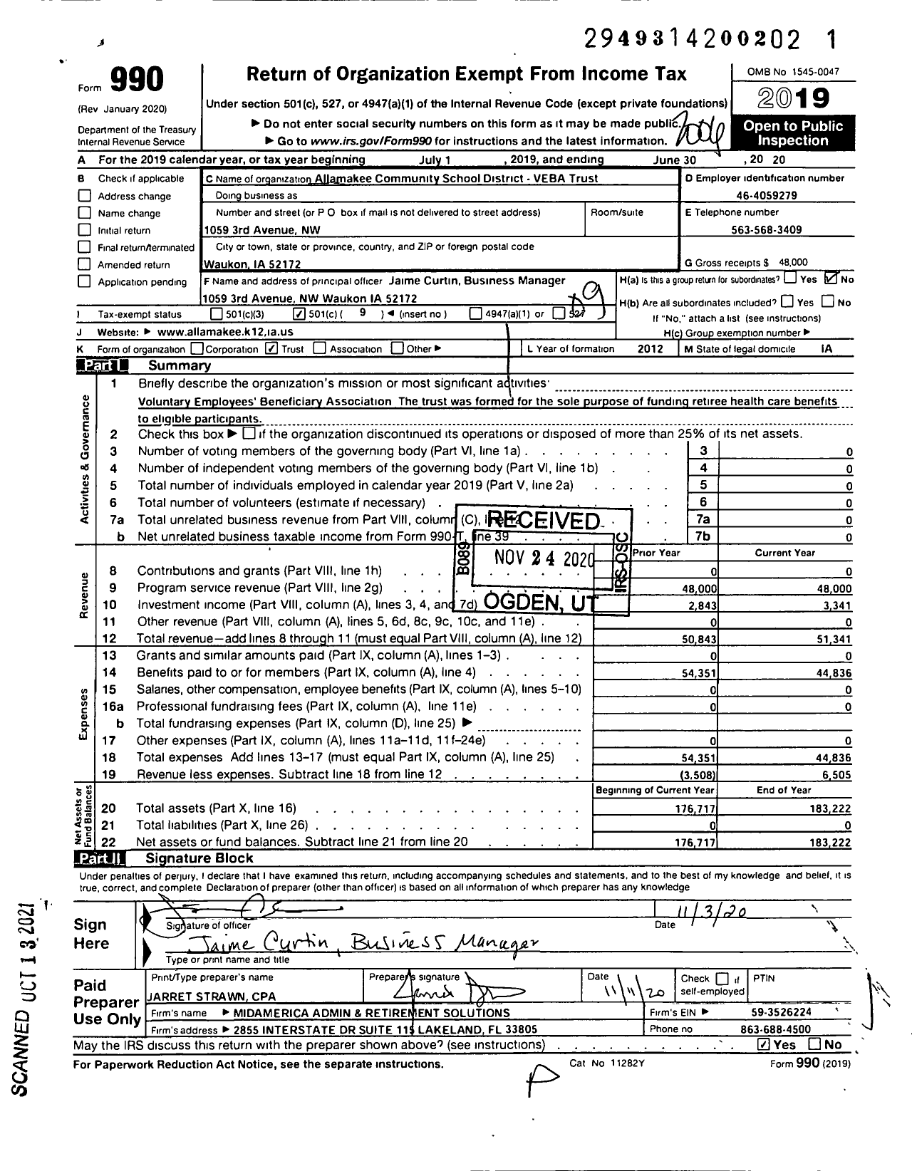 Image of first page of 2019 Form 990O for Allamakee Community School District Veba Trust