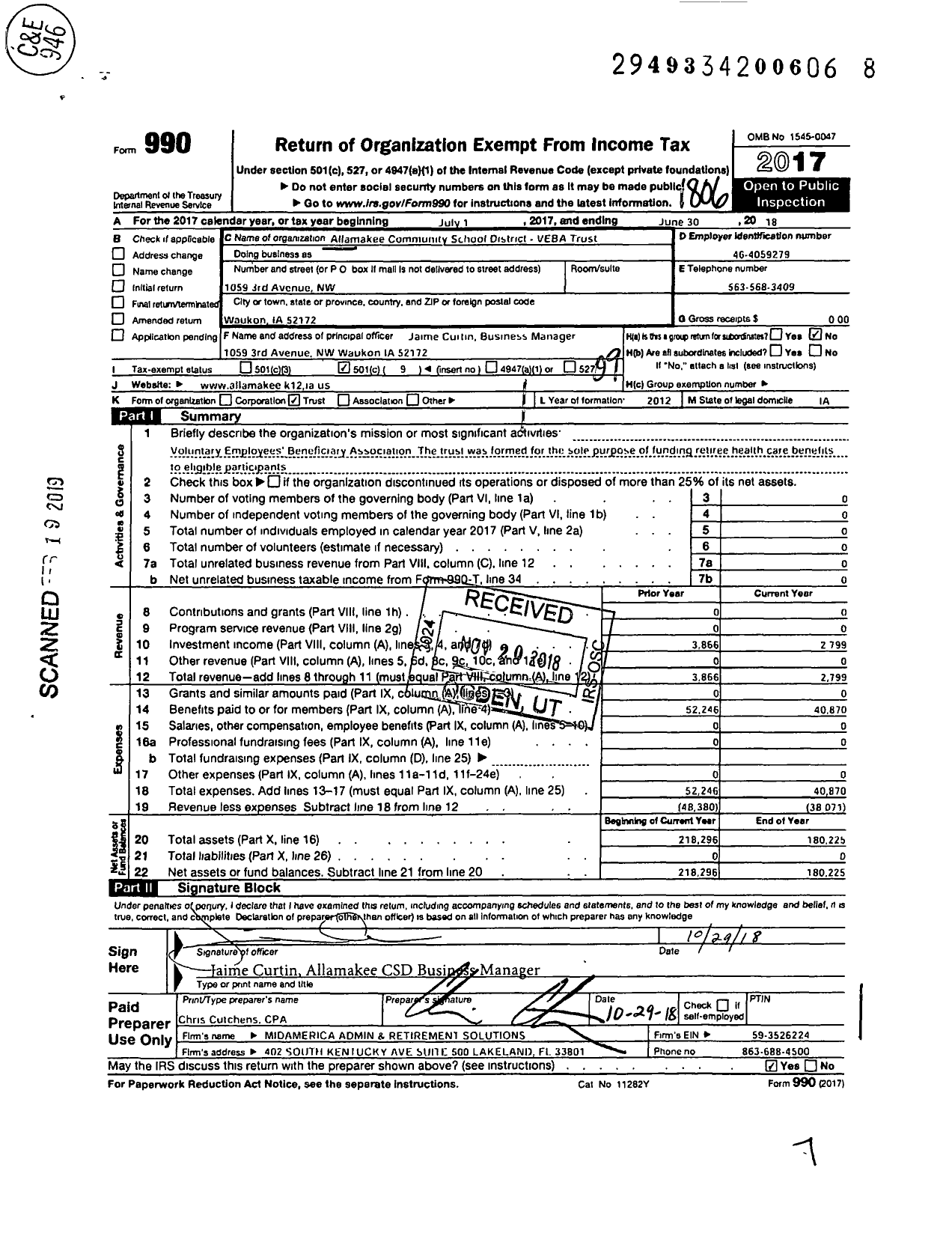 Image of first page of 2017 Form 990O for Allamakee Community School District Veba Trust