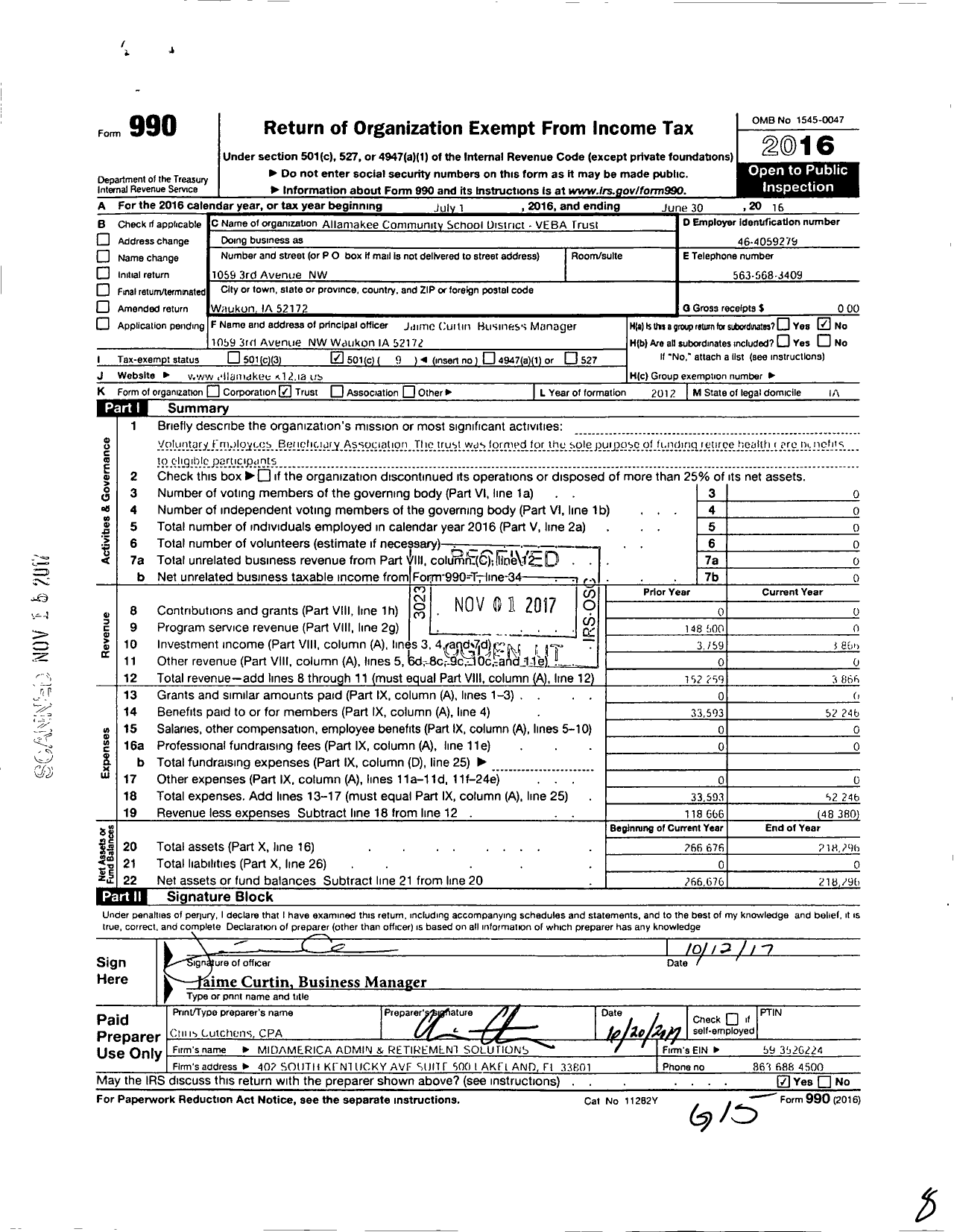 Image of first page of 2015 Form 990O for Allamakee Community School District Veba Trust