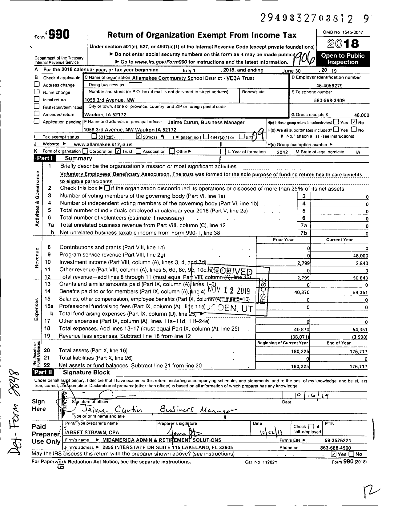 Image of first page of 2018 Form 990O for Allamakee Community School District Veba Trust
