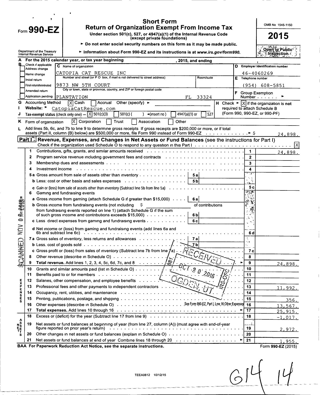 Image of first page of 2015 Form 990EZ for Catopia Cat Rescue