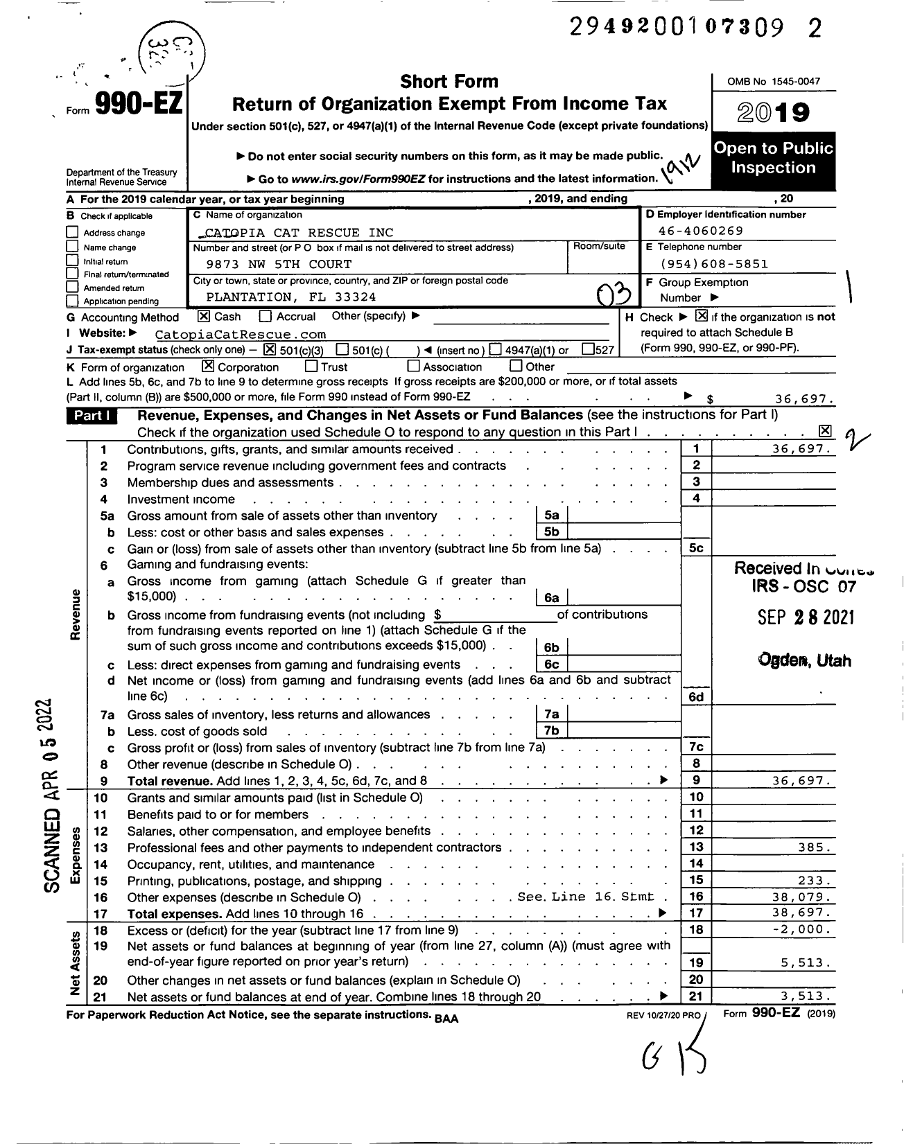 Image of first page of 2019 Form 990EZ for Catopia Cat Rescue