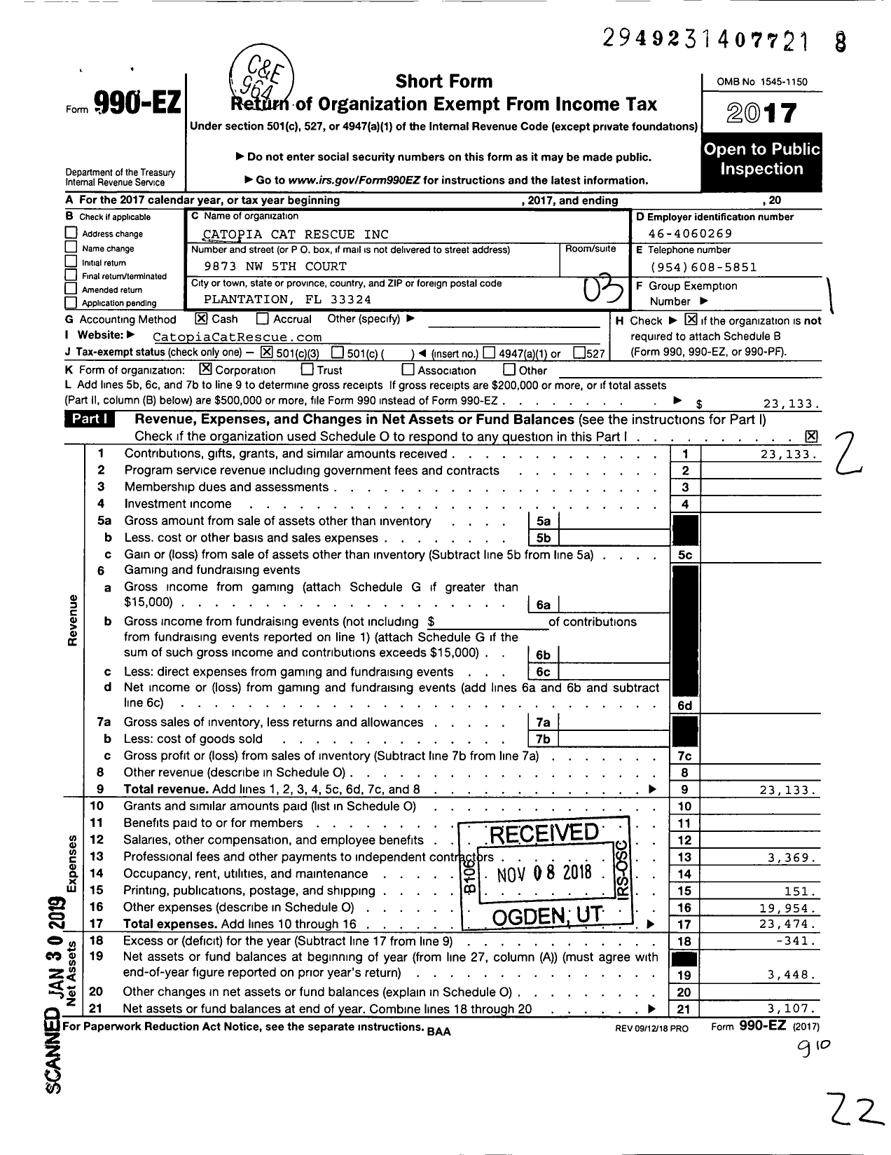 Image of first page of 2017 Form 990EZ for Catopia Cat Rescue