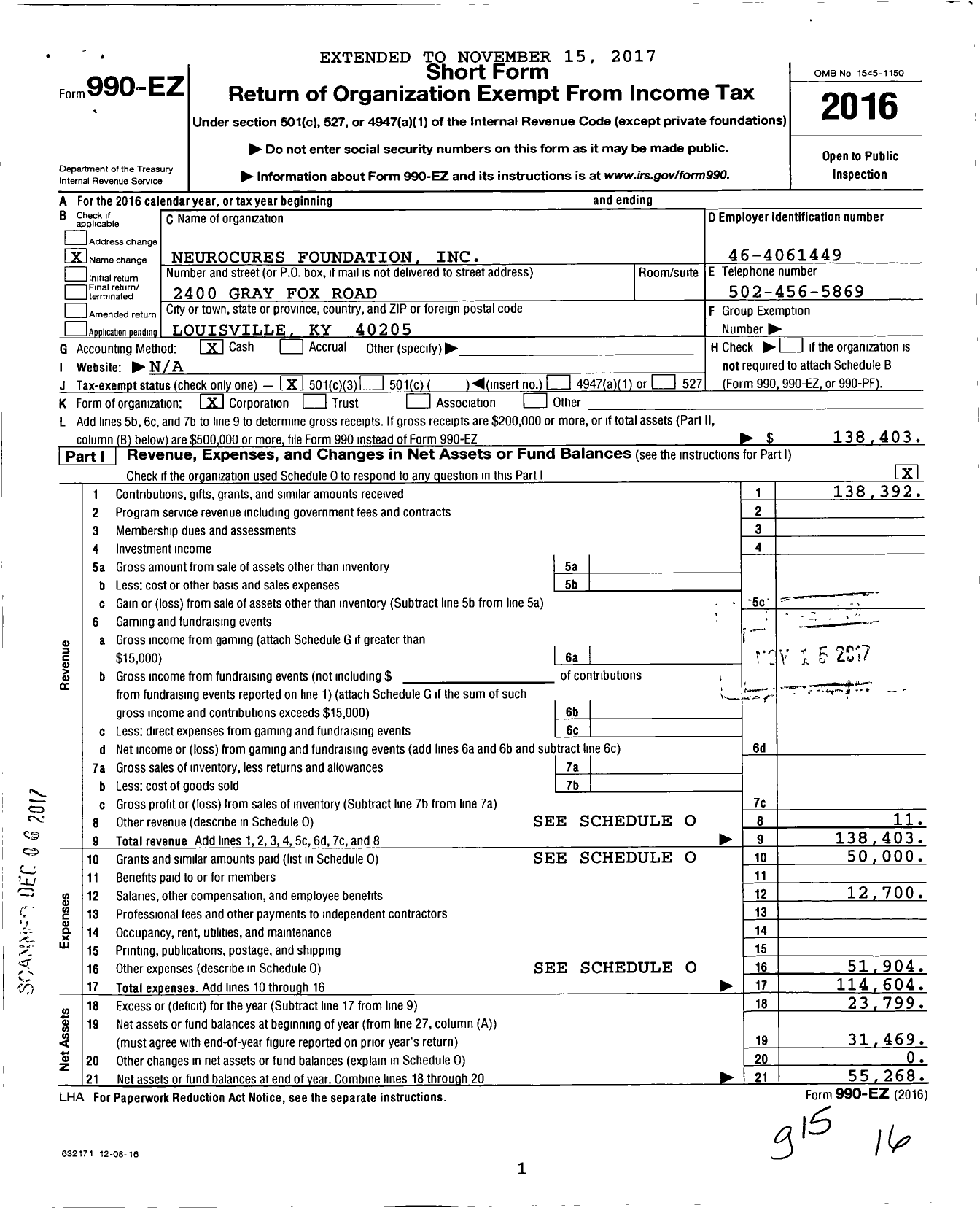 Image of first page of 2016 Form 990EZ for Neurocures Foundation