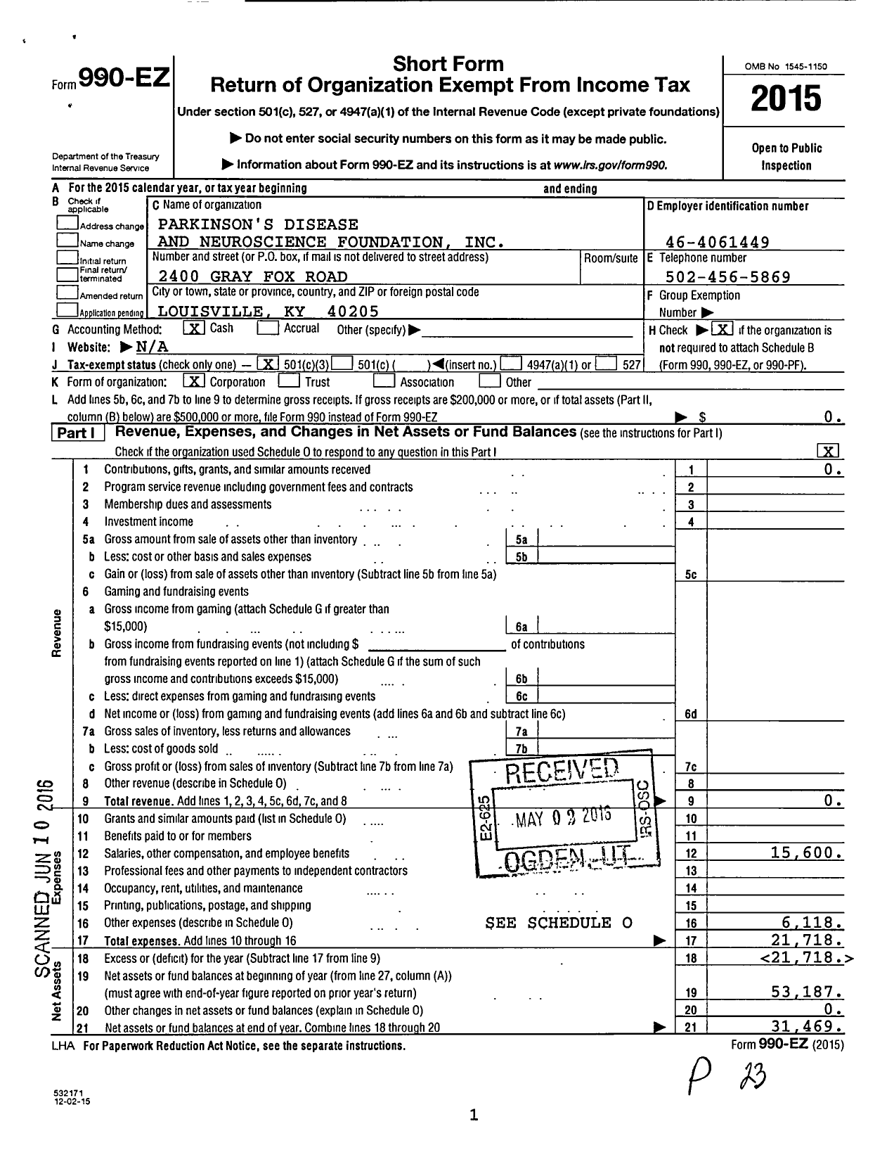 Image of first page of 2015 Form 990EZ for Neurocures Foundation