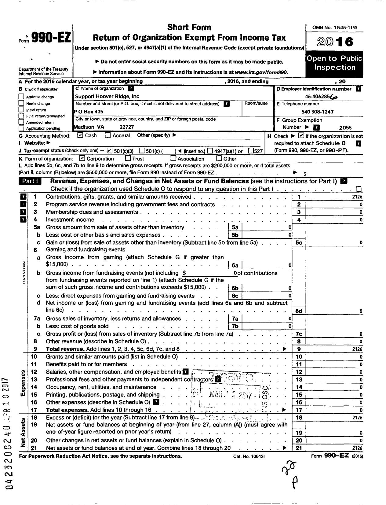 Image of first page of 2016 Form 990EZ for Support Hoover Ridge