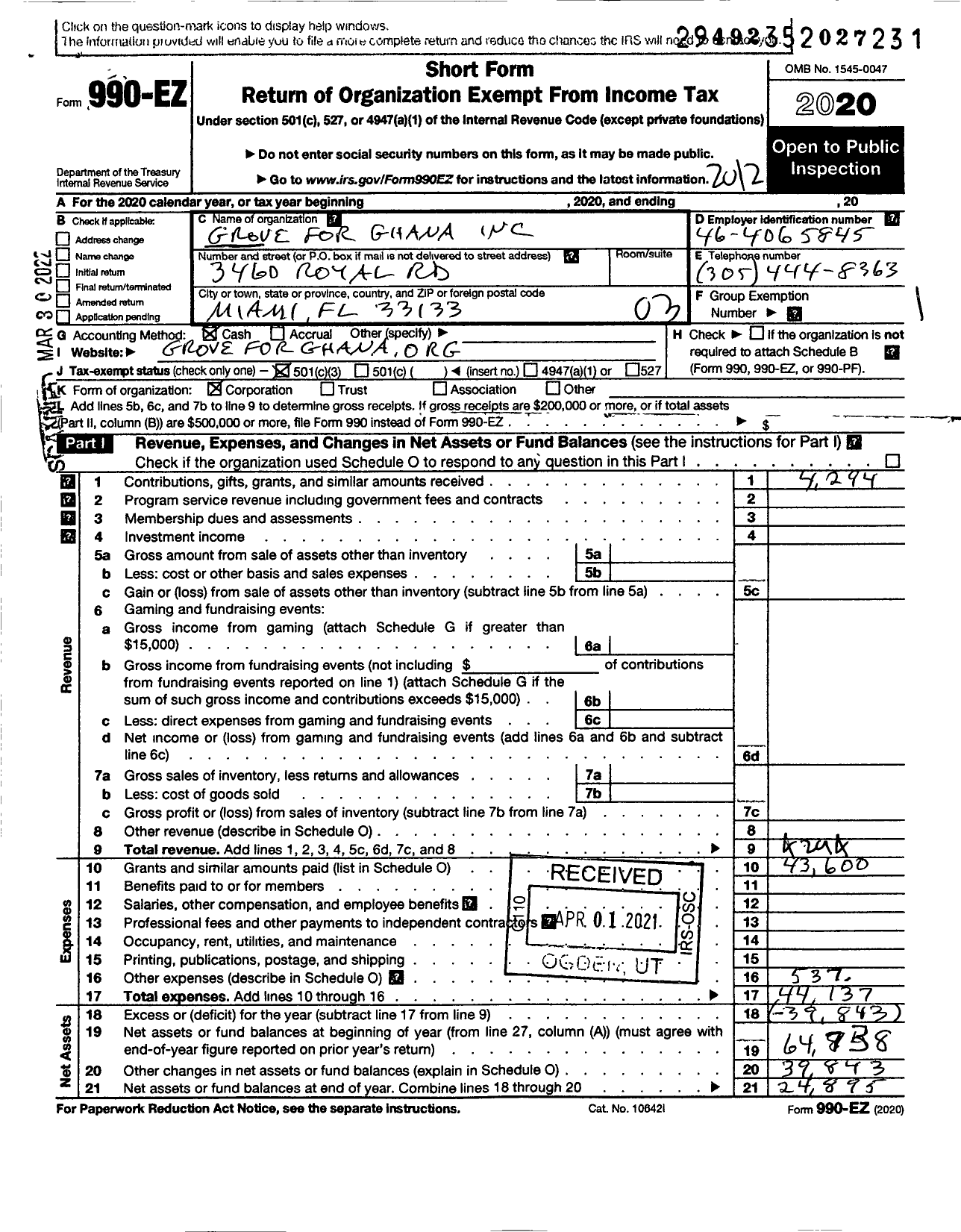 Image of first page of 2020 Form 990EZ for Grove for Ghana