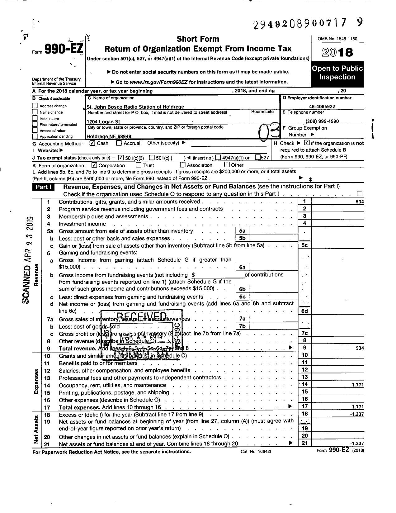 Image of first page of 2018 Form 990EZ for St John Bosco Catholic Radio of Holdrege