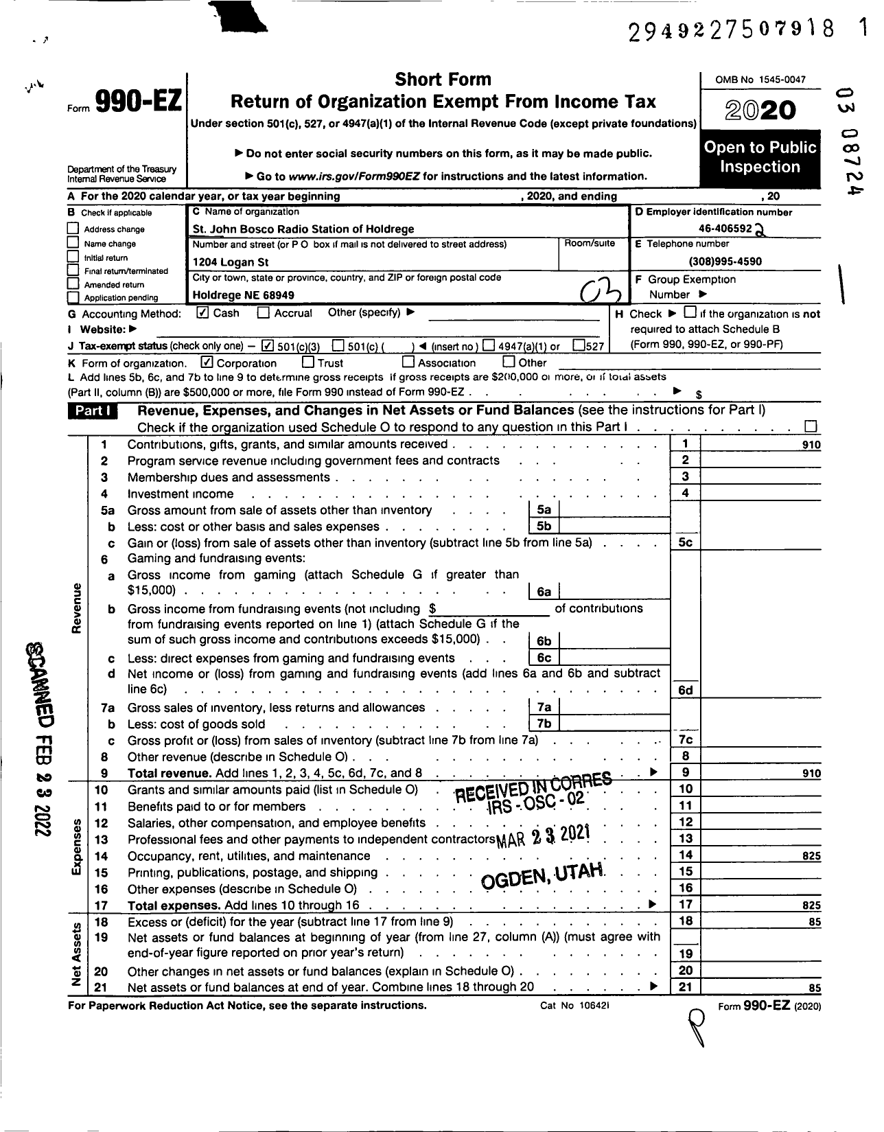 Image of first page of 2020 Form 990EZ for St John Bosco Catholic Radio of Holdrege