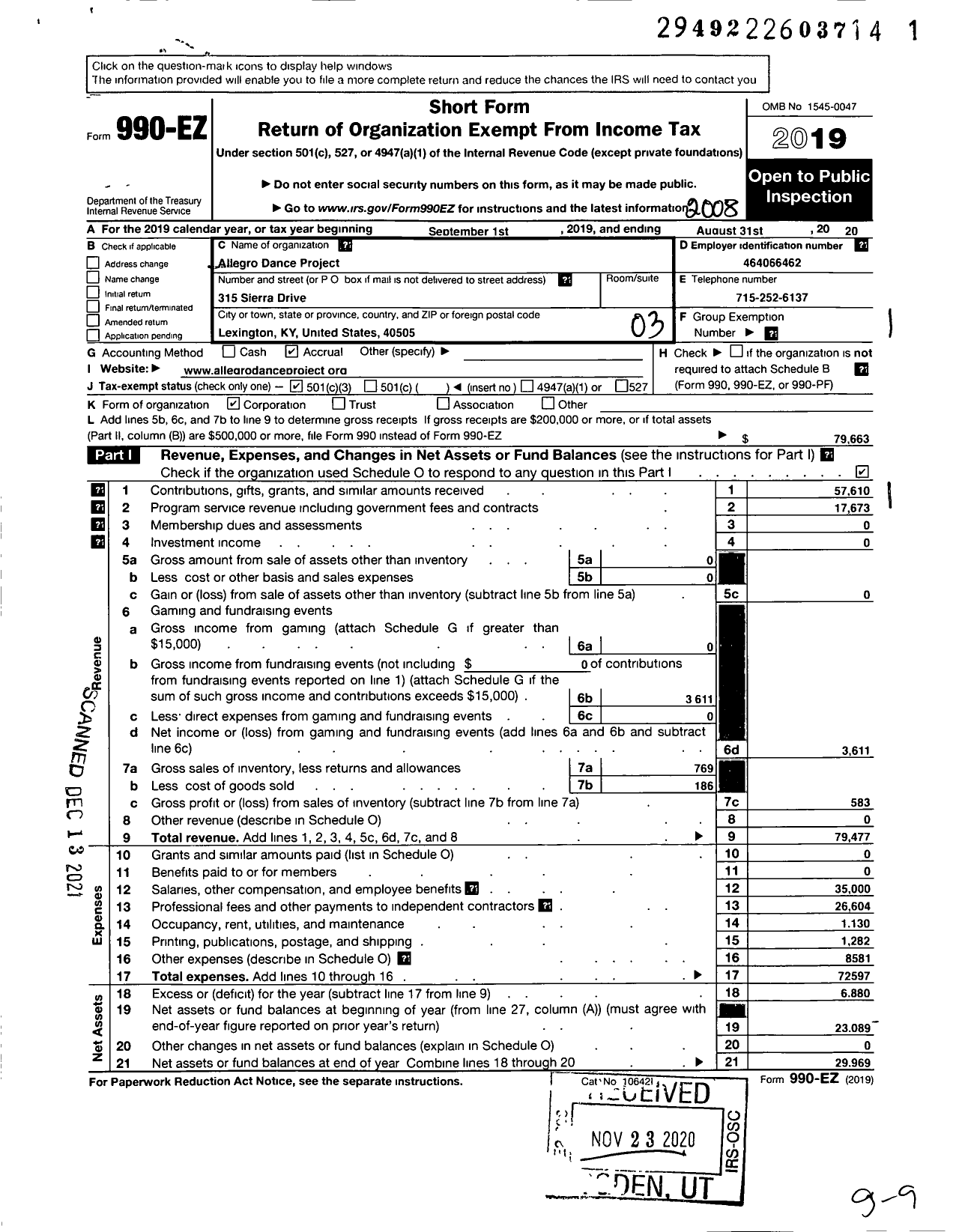Image of first page of 2019 Form 990EZ for Allegro Dance Project