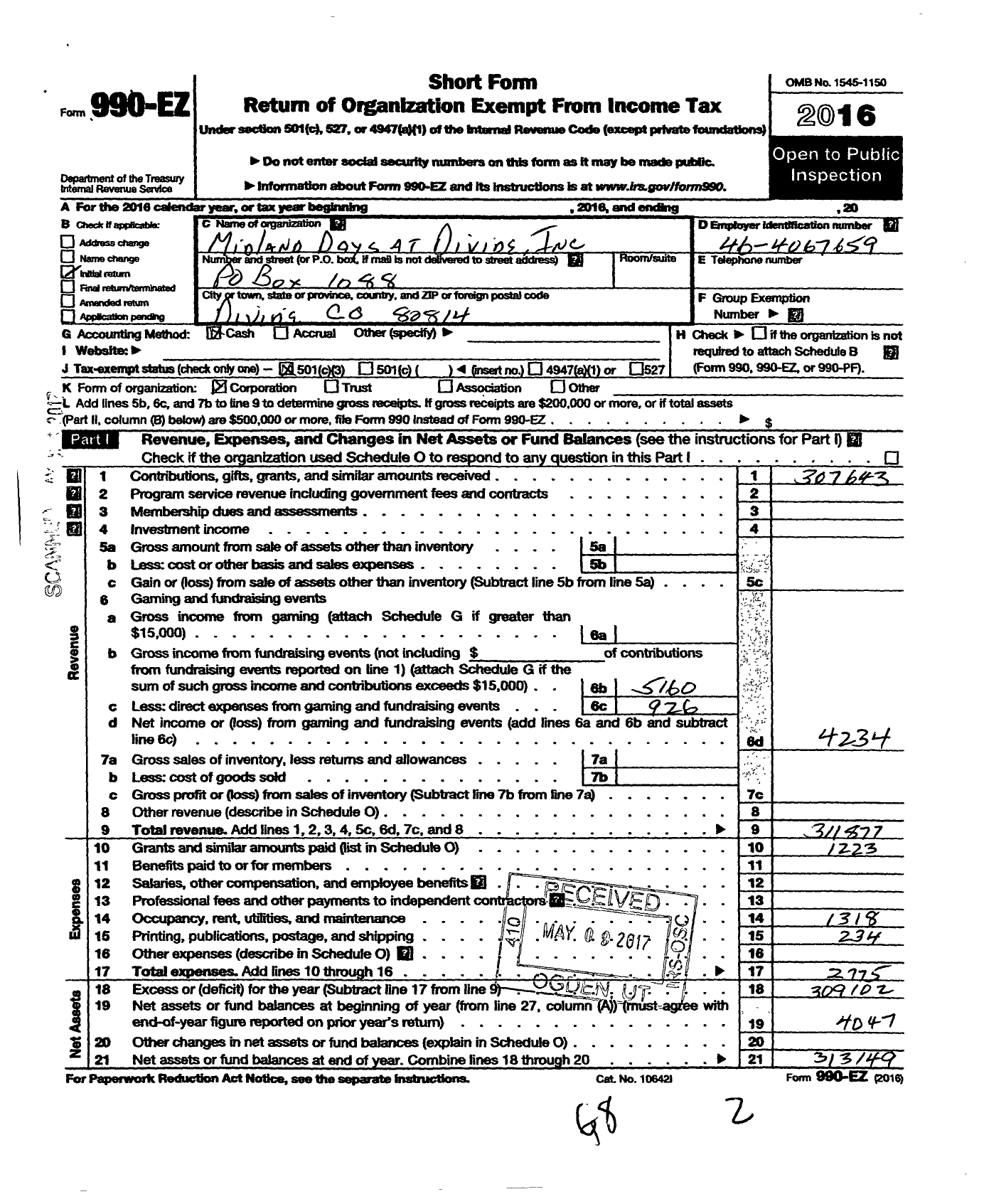 Image of first page of 2016 Form 990EZ for Midland Days At Divide