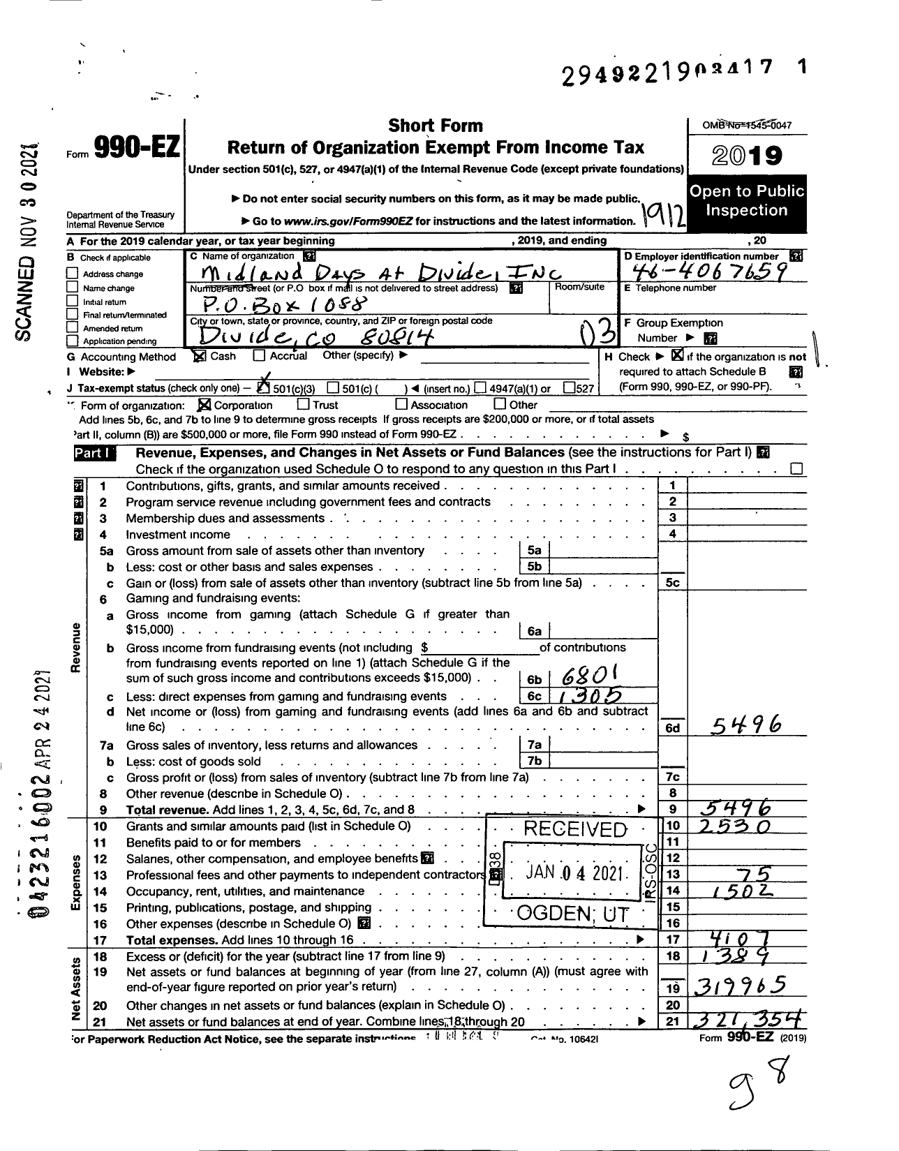 Image of first page of 2019 Form 990EZ for Midland Days At Divide