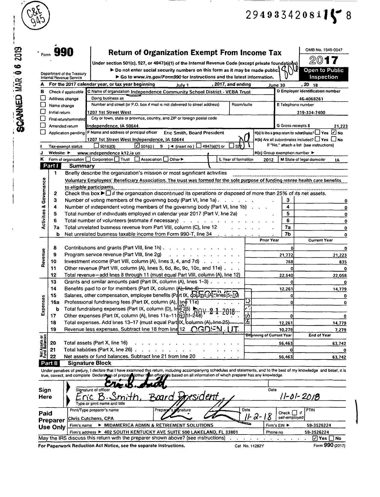 Image of first page of 2017 Form 990O for Independence Community School District Veba Trust