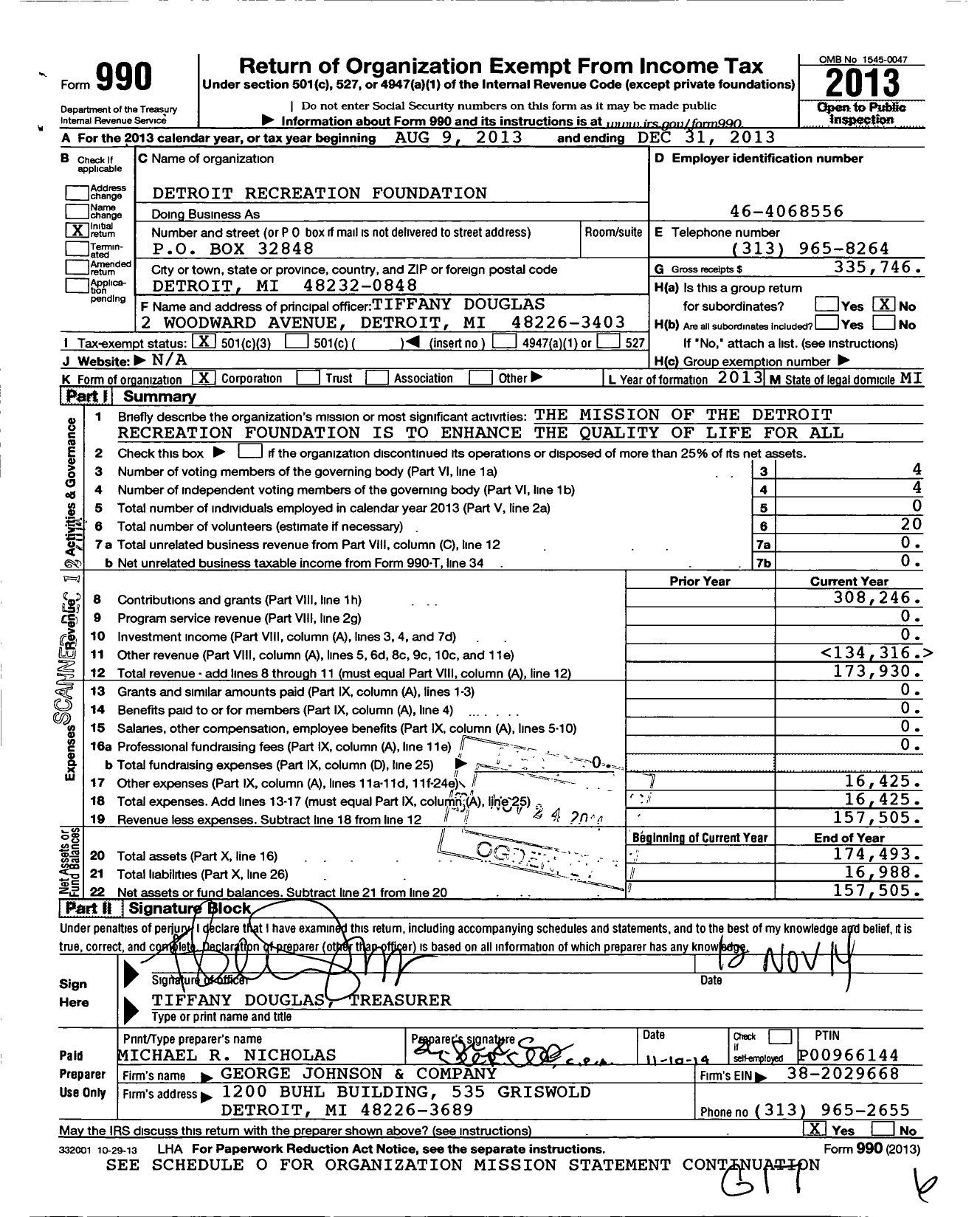 Image of first page of 2013 Form 990 for Detroit Recreation Foundation