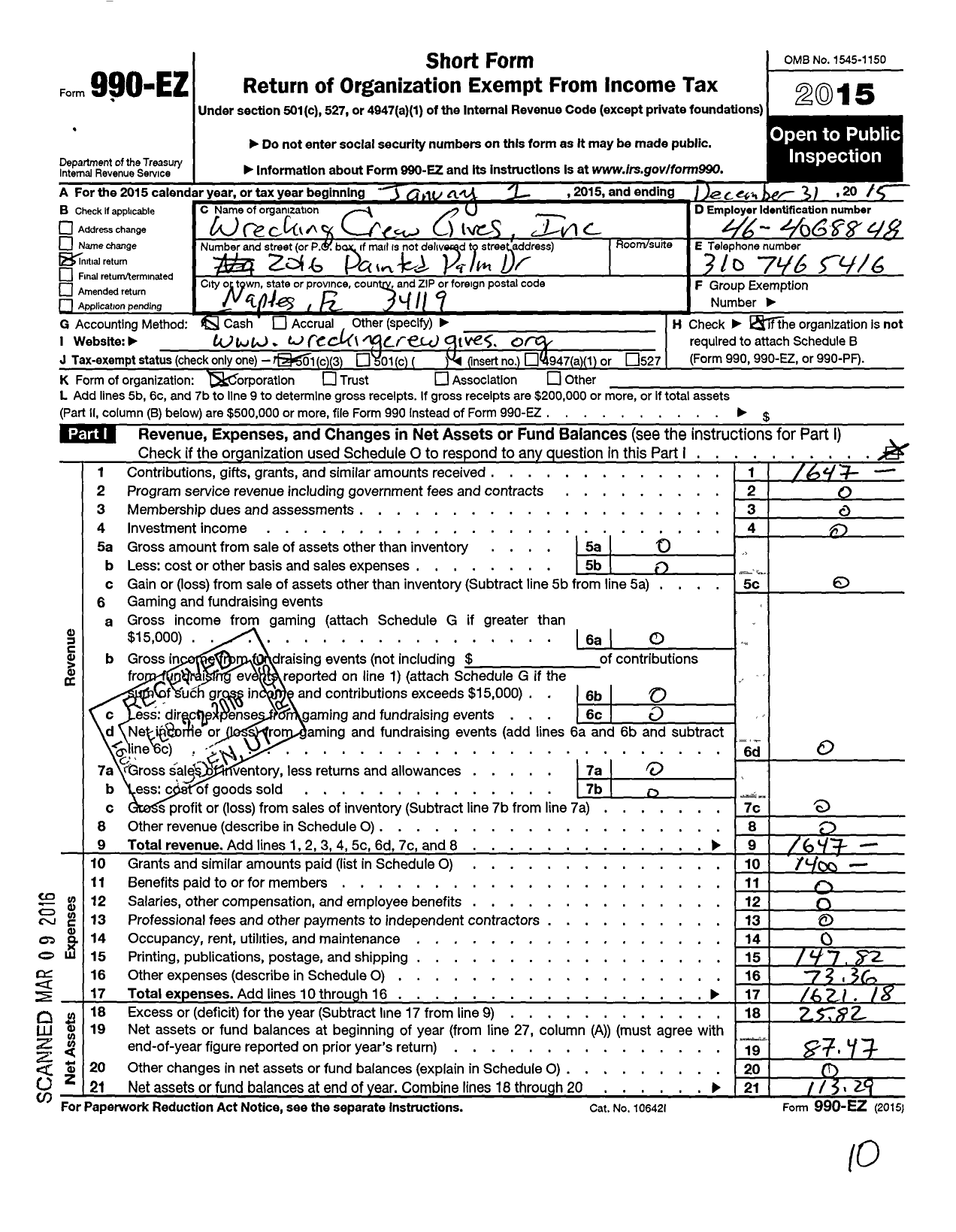 Image of first page of 2015 Form 990EZ for Wrecking Crew Gives