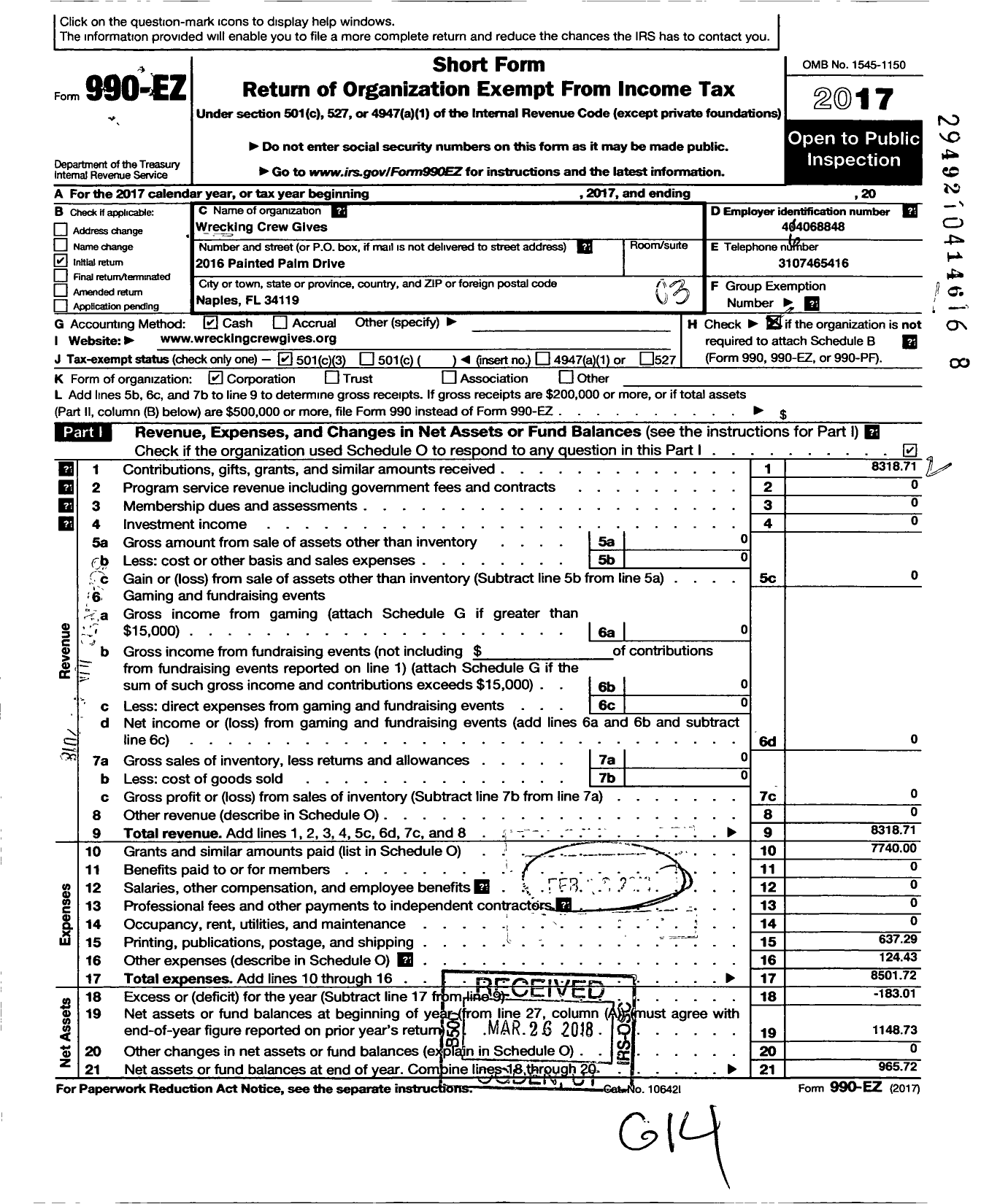 Image of first page of 2017 Form 990EZ for Wrecking Crew Gives