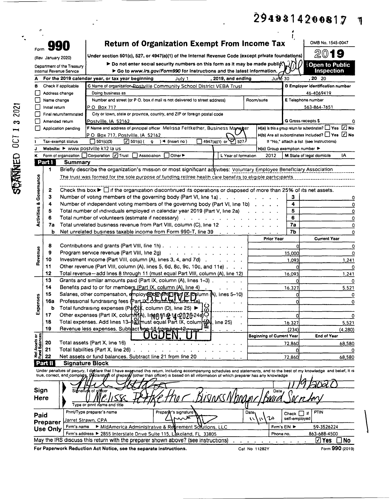 Image of first page of 2019 Form 990O for Postville Community School District Veba Trust