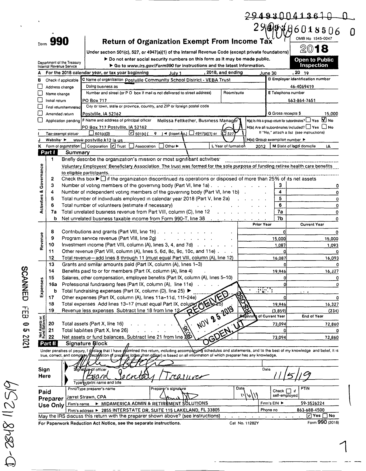 Image of first page of 2018 Form 990O for Postville Community School District Veba Trust