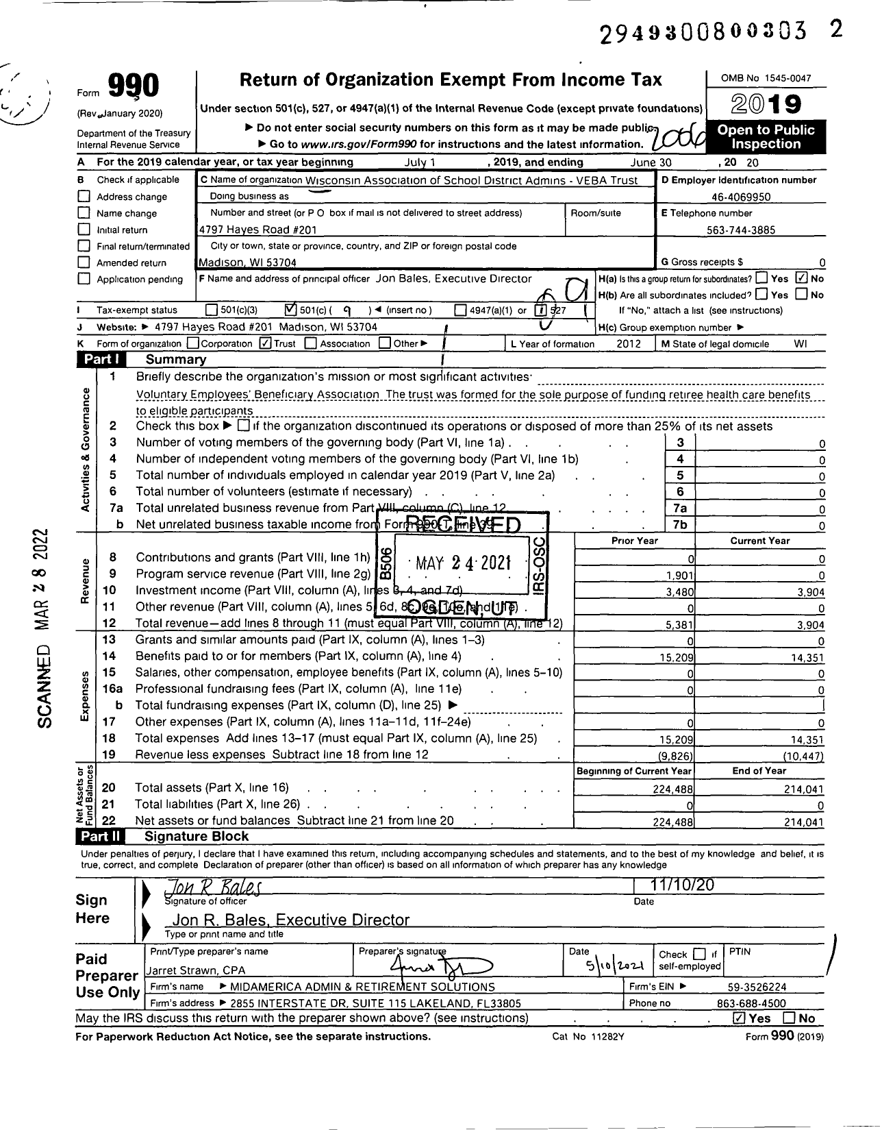 Image of first page of 2019 Form 990O for Wisconsin Association of School District Admin Veba Trust