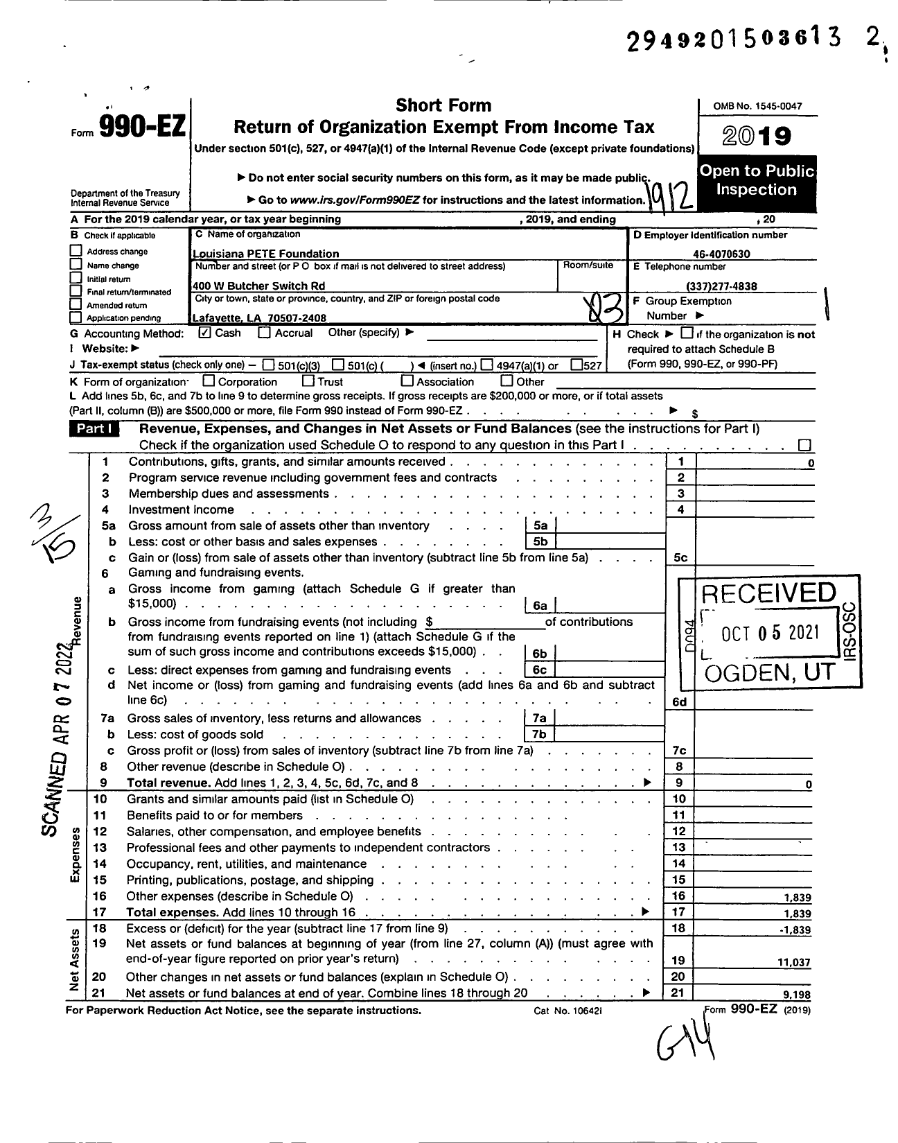 Image of first page of 2019 Form 990EZ for Louisiana Pete Foundation