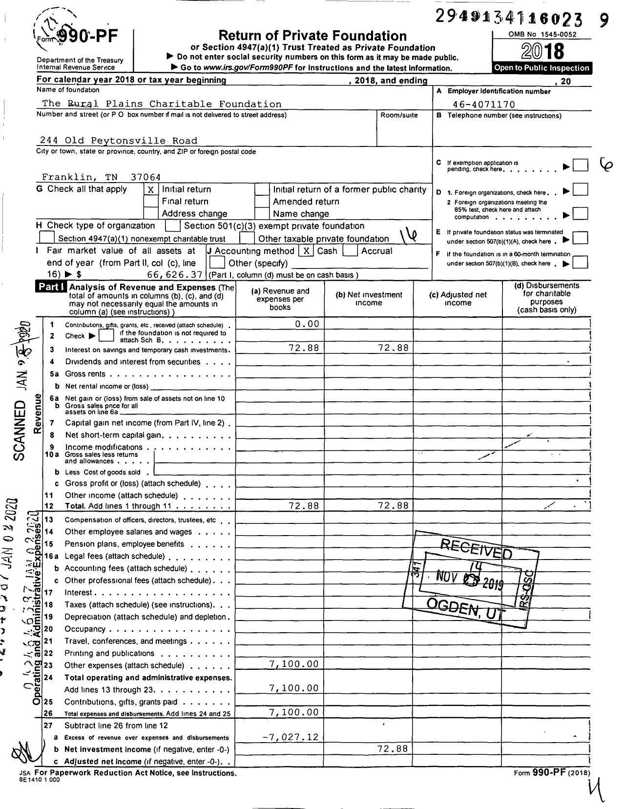 Image of first page of 2018 Form 990PF for The Rural Plains Charitable Foundation