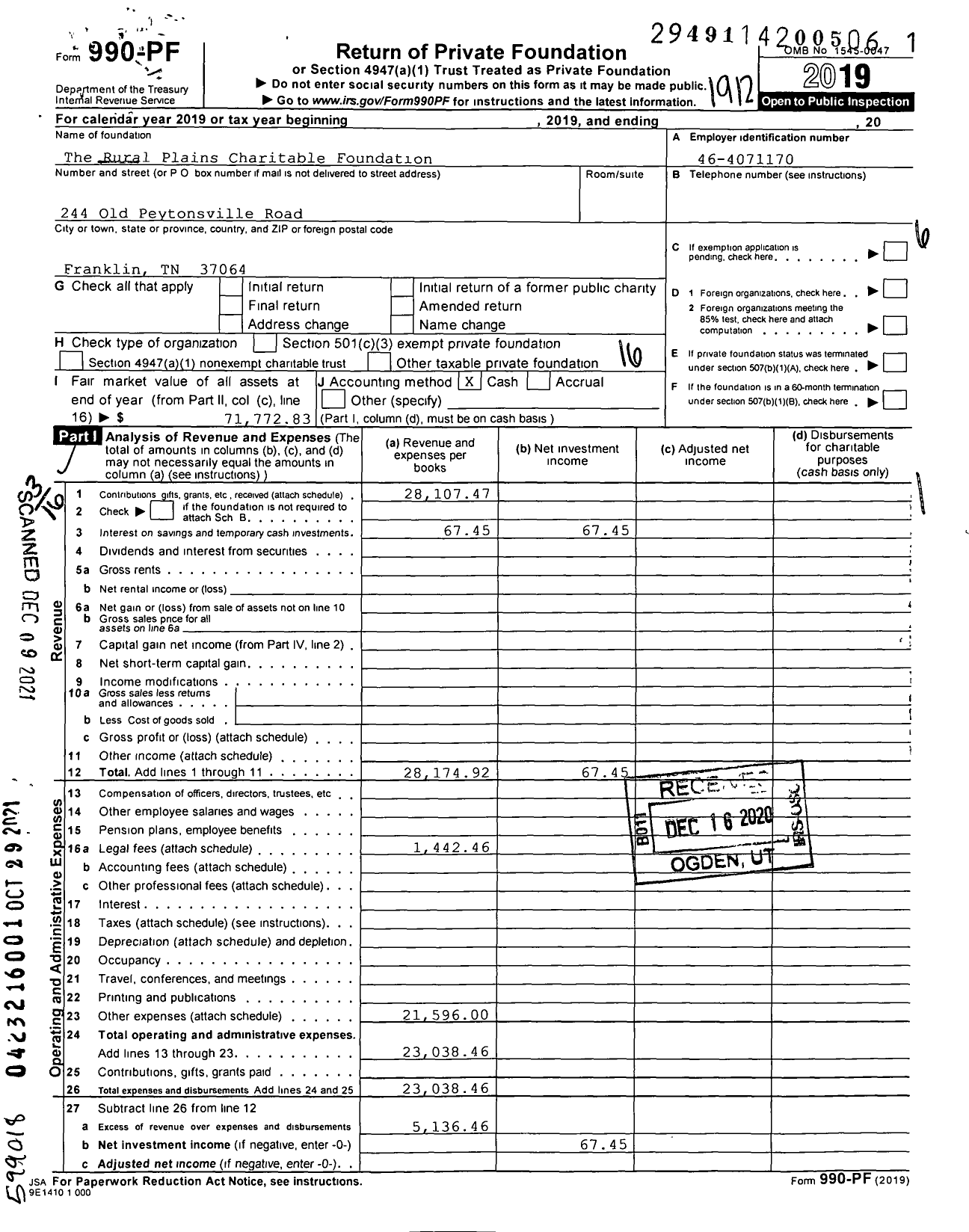 Image of first page of 2019 Form 990PF for The Rural Plains Charitable Foundation