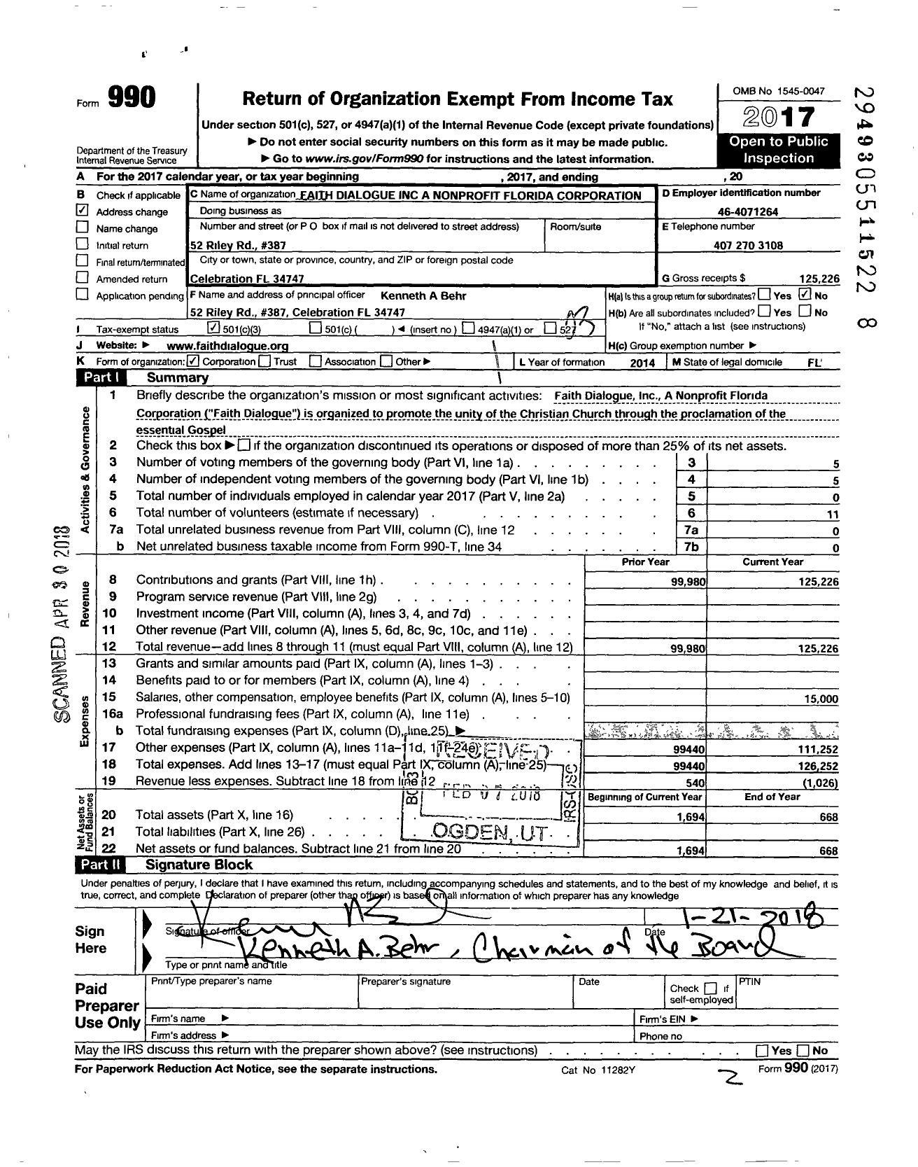 Image of first page of 2017 Form 990 for Faith Dialogue A Nonprofit Florida Corporation