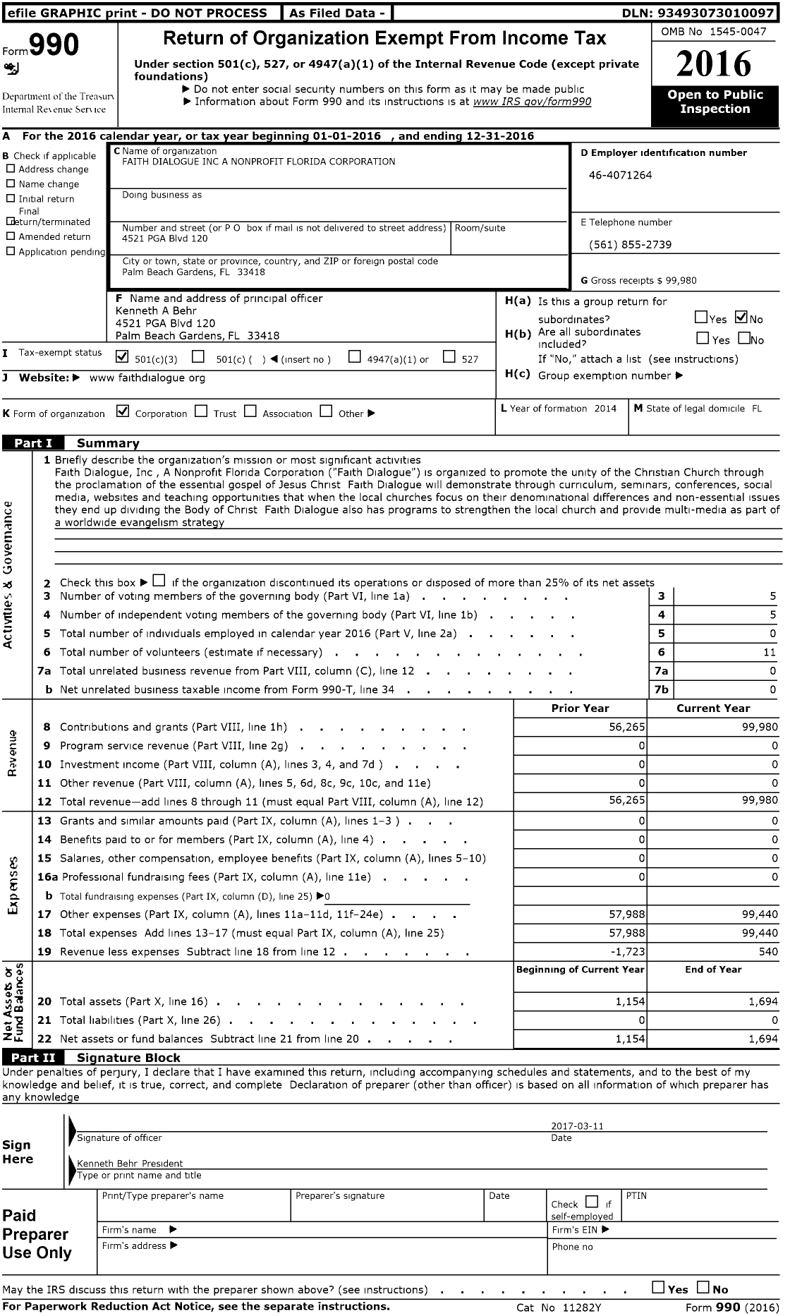 Image of first page of 2016 Form 990 for Faith Dialogue A Nonprofit Florida Corporation