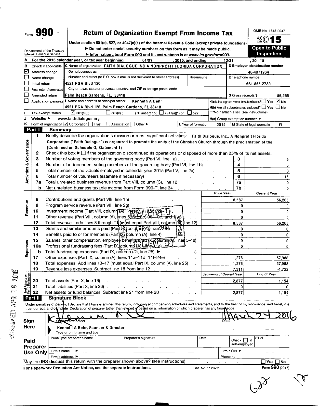 Image of first page of 2015 Form 990 for Faith Dialogue A Nonprofit Florida Corporation