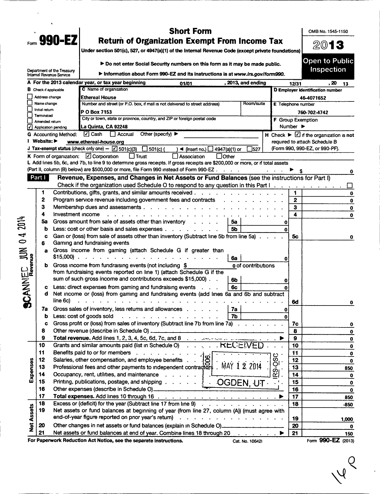 Image of first page of 2013 Form 990EZ for Ethereal House