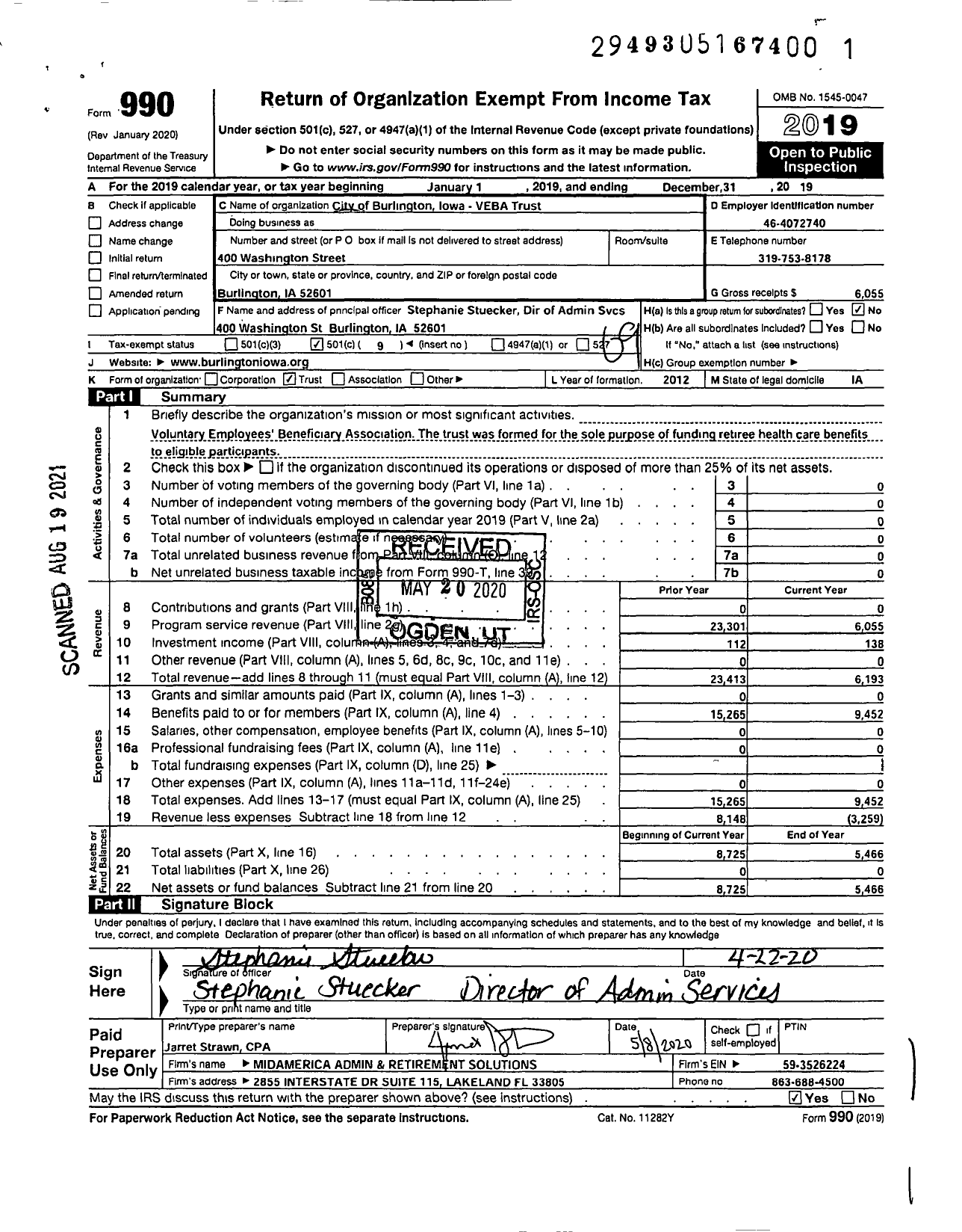 Image of first page of 2019 Form 990O for City of Burlington Iowa Veba Trust