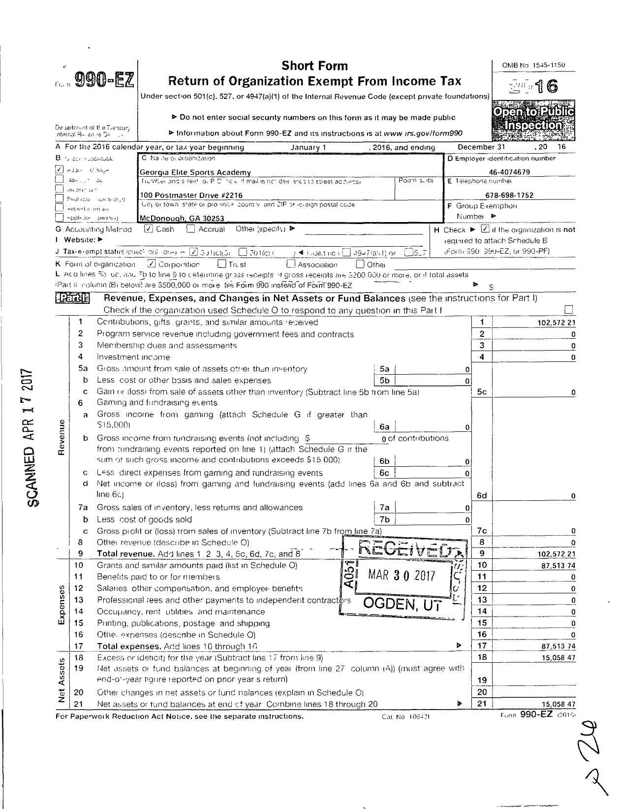 Image of first page of 2016 Form 990EZ for Georgia Elite Sports Academy