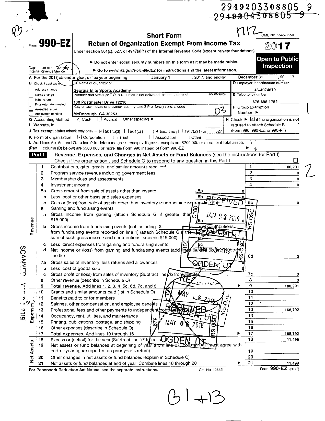 Image of first page of 2017 Form 990EZ for Georgia Elite Sports Academy
