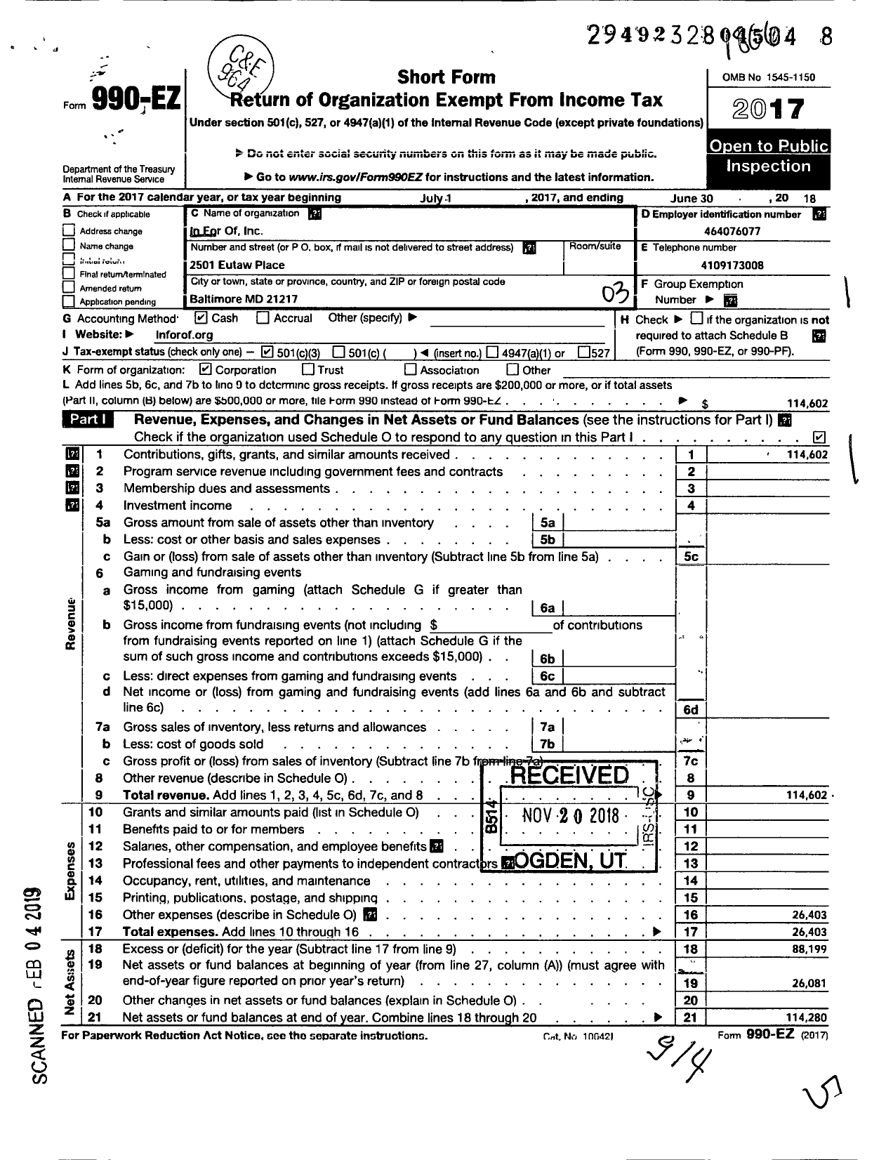 Image of first page of 2017 Form 990EZ for In for of