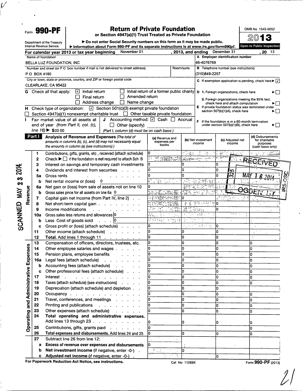 Image of first page of 2013 Form 990PF for Bella Luz Foundation