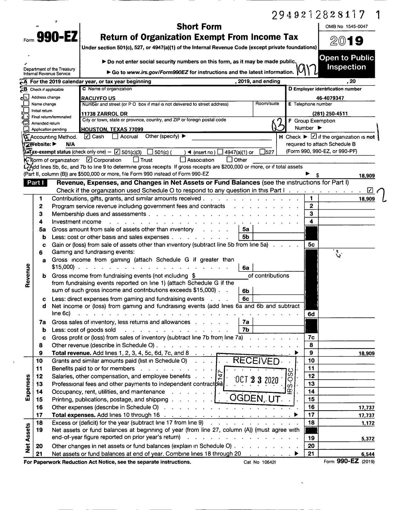 Image of first page of 2019 Form 990EZ for Racuyfo Us