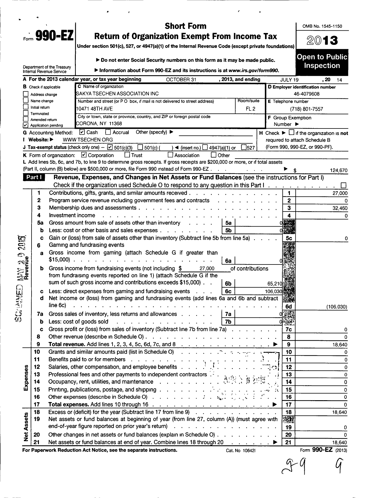 Image of first page of 2013 Form 990EZ for Sakya Tsechen Association