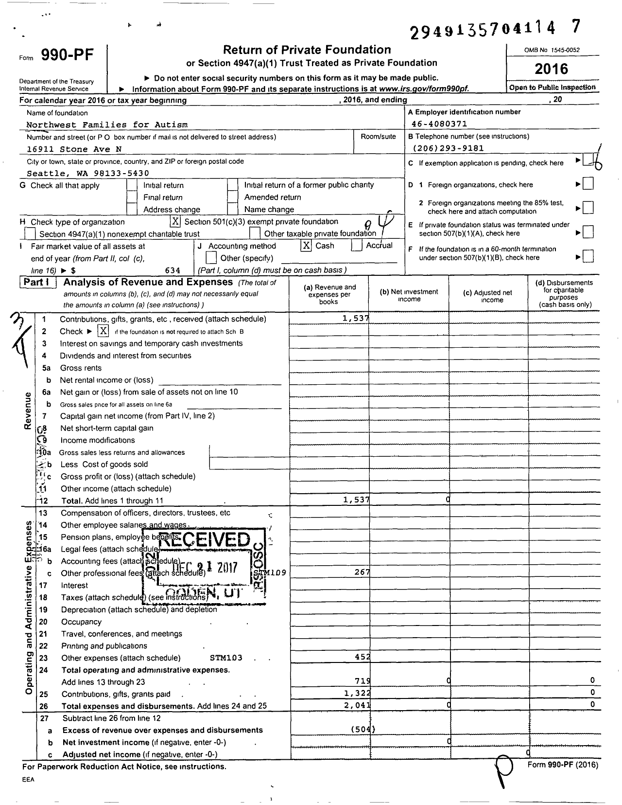 Image of first page of 2016 Form 990PF for Northwest Families for Autism