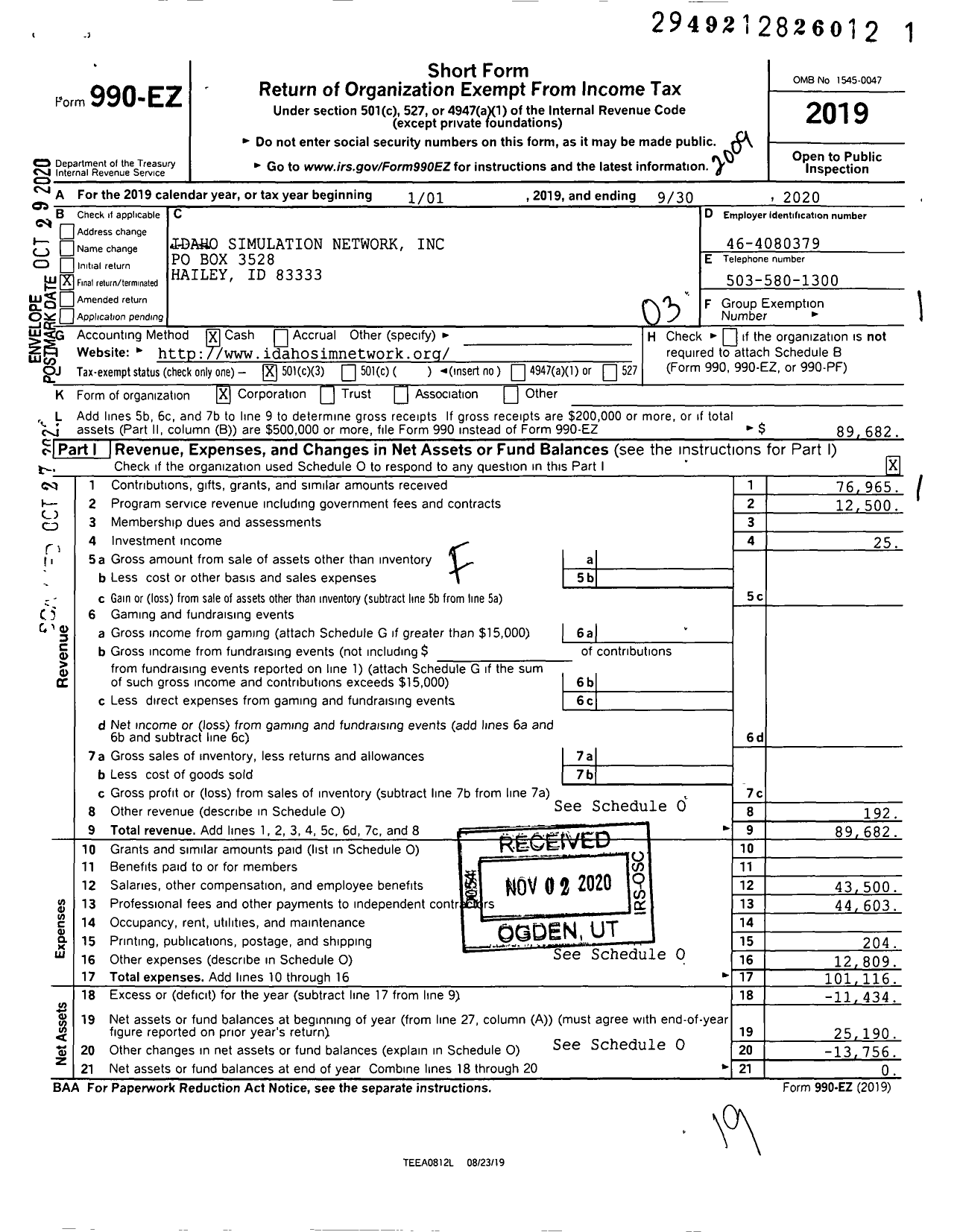 Image of first page of 2019 Form 990EZ for Idaho Simulation Network