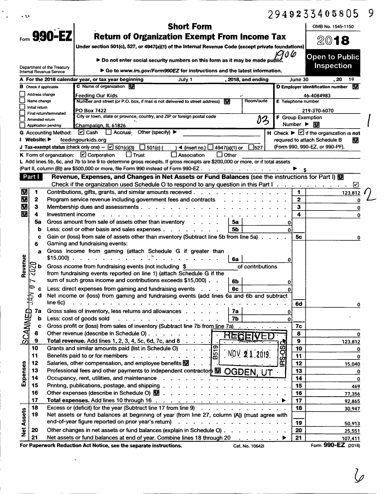 Image of first page of 2018 Form 990EZ for Feeding Our Kids