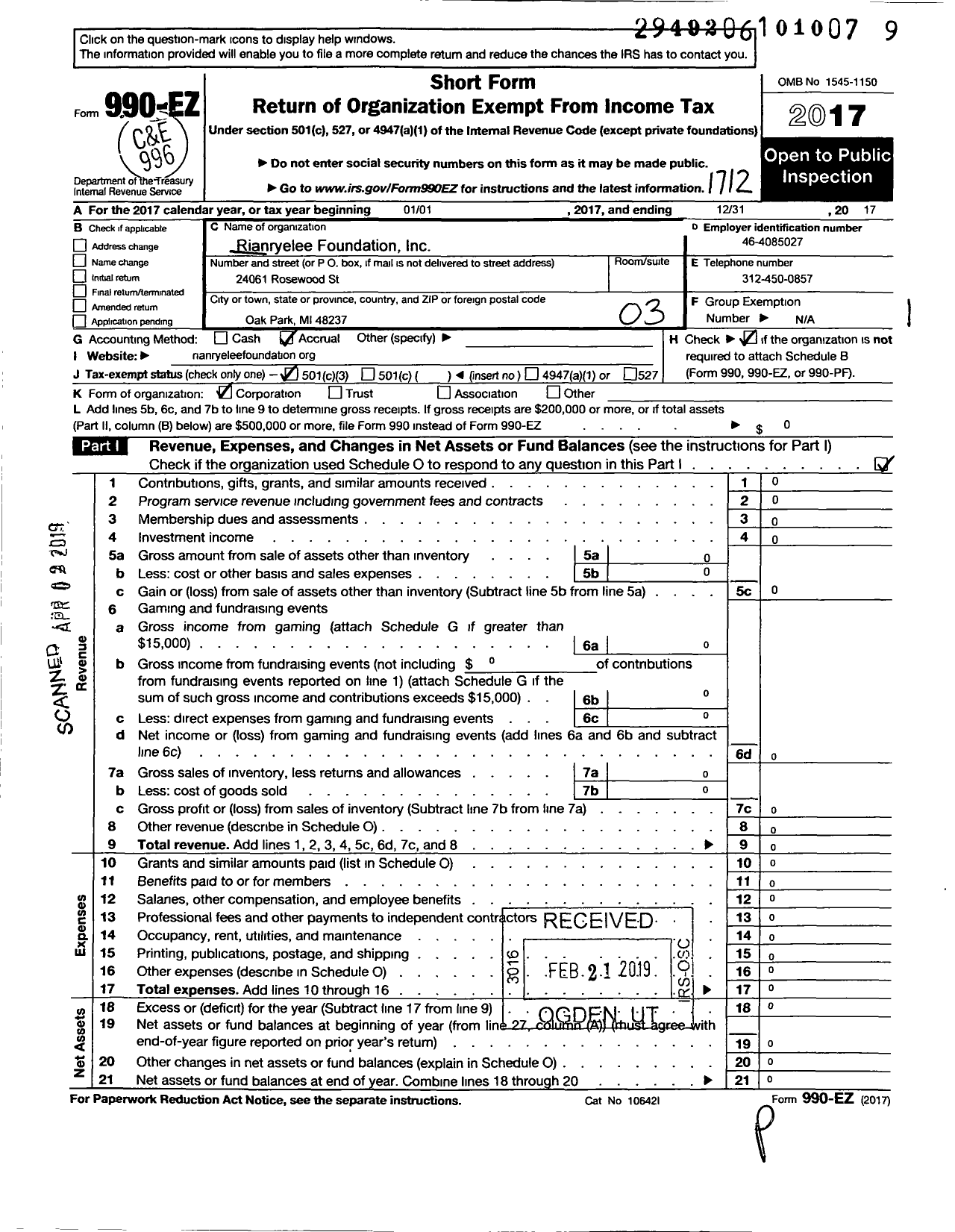 Image of first page of 2017 Form 990EZ for Rian Ryelee Foundation