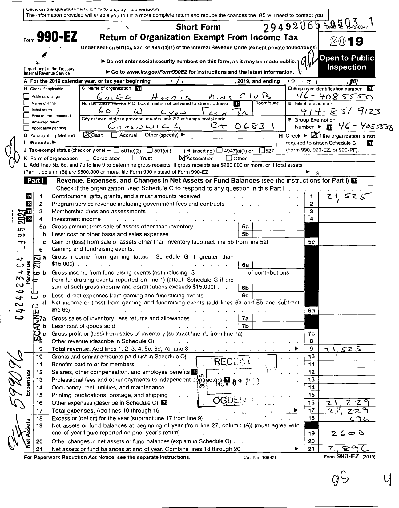 Image of first page of 2019 Form 990EO for Griff Harris Mens Golf Club